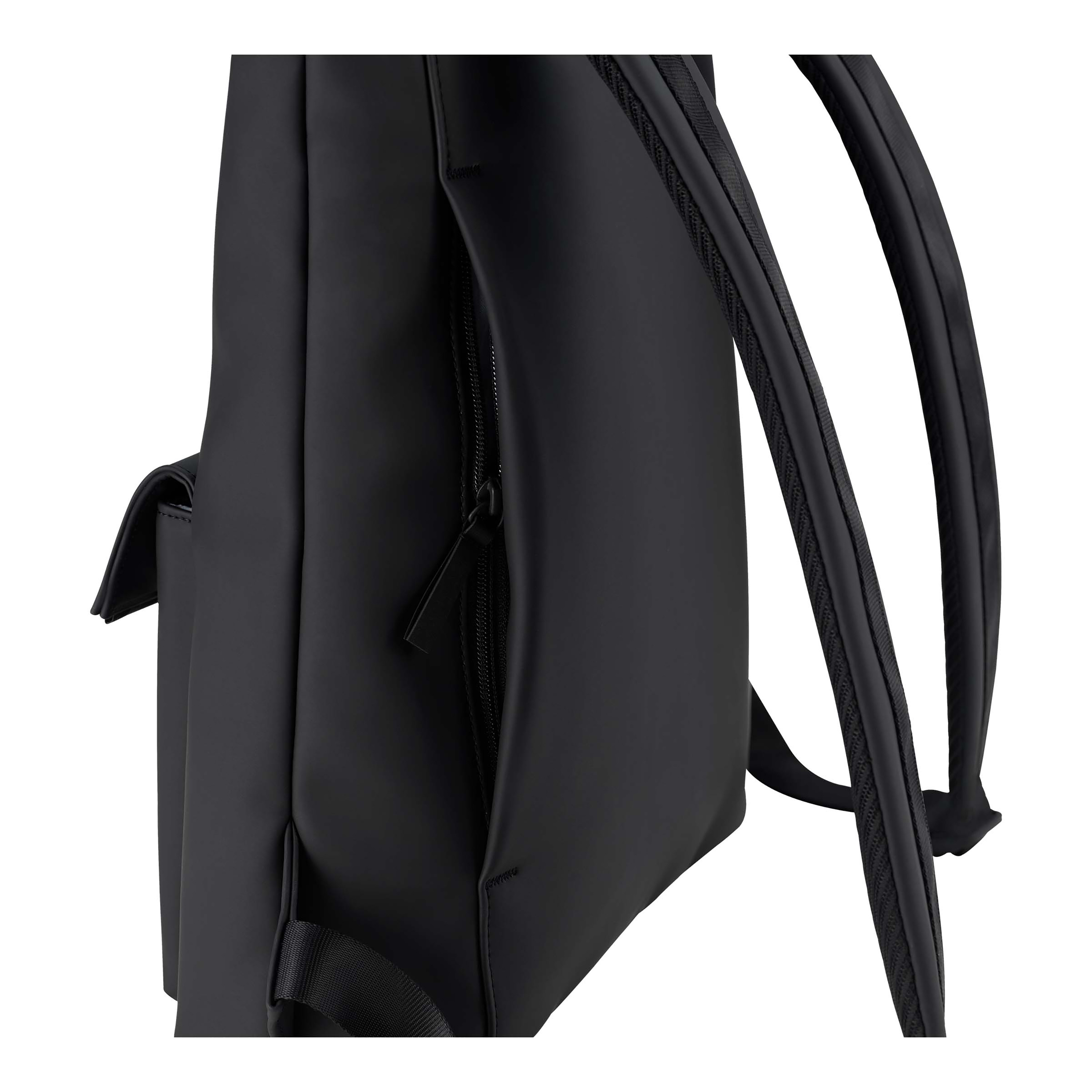 Zaino nero con tasca laterale e cerniera, su sfondo bianco.