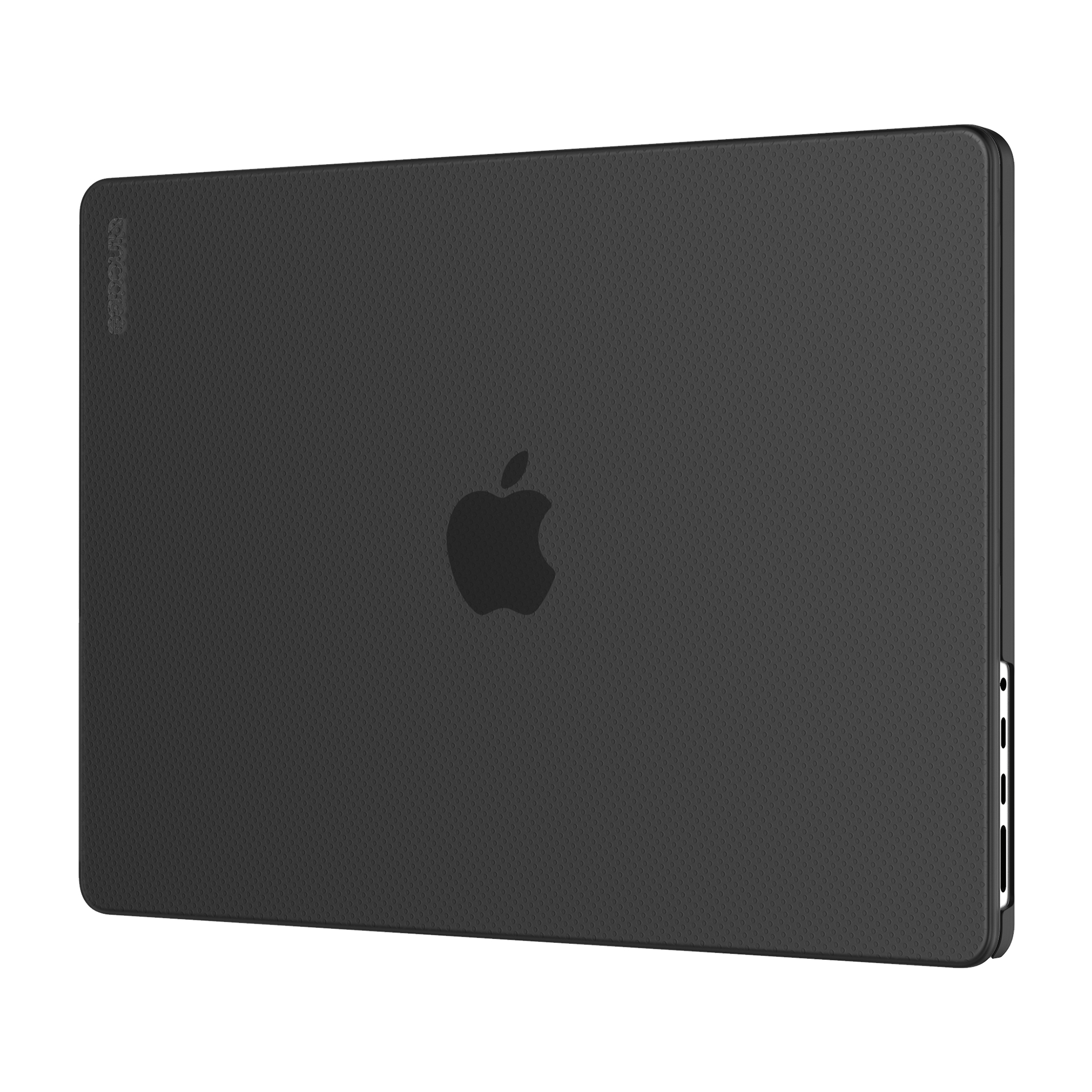 Schwarze Laptoptasche mit strukturierter Oberfläche, Apple-Logo sichtbar. Weißer Hintergrund.