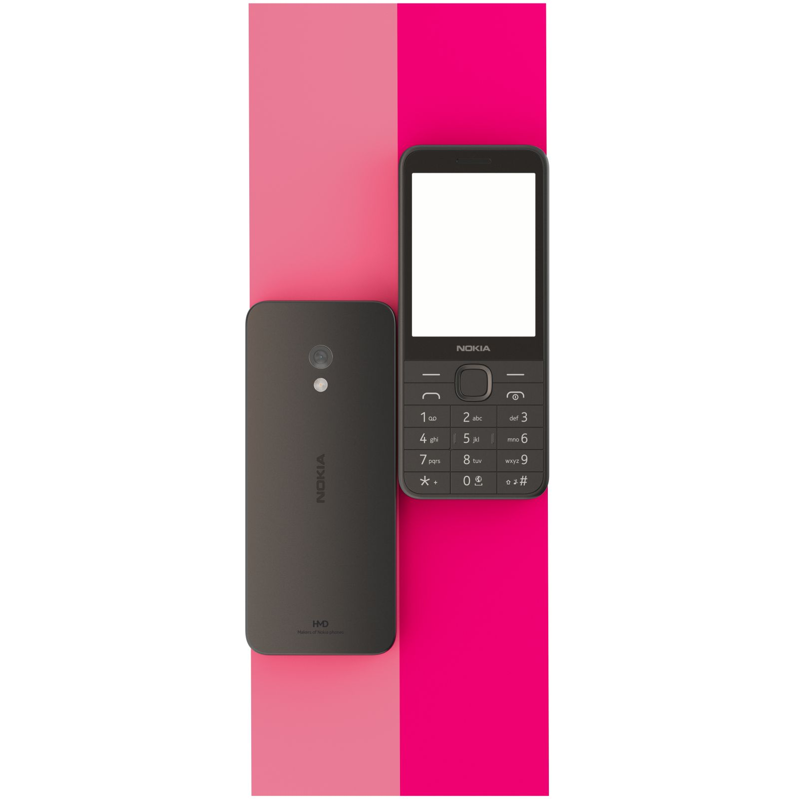 Zwei schwarze Nokia-Telefone auf pink-weißem Hintergrund, eines mit Bildschirm.