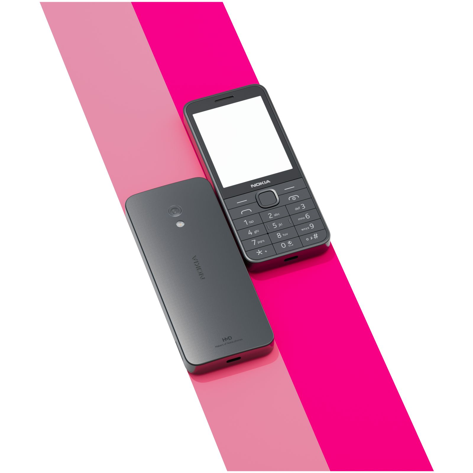 Zwei Nokia-Telefone. Eines ist der Rückseite zugewandt. Diagonaler rosa-weißer Hintergrund.