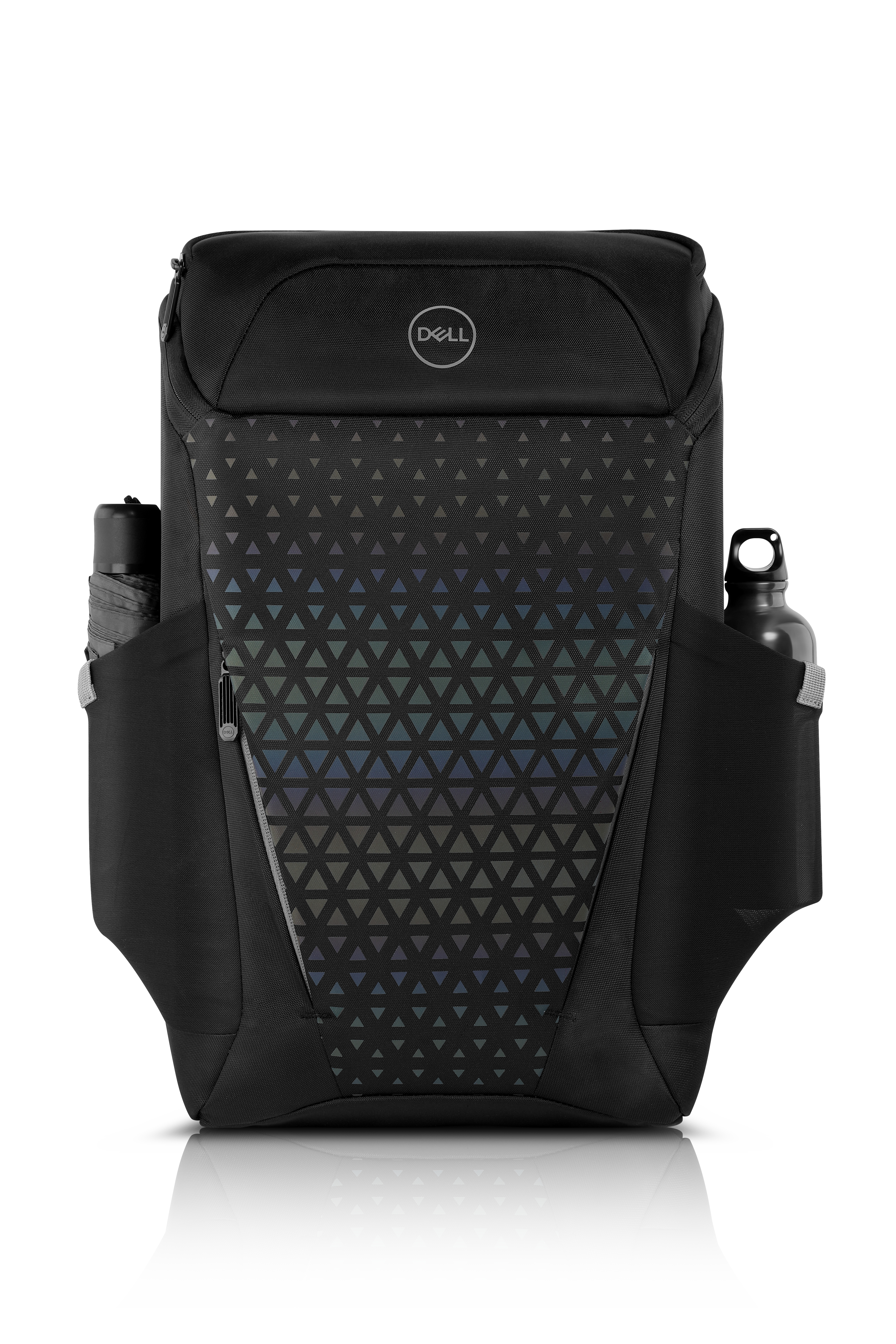 Zaino nero con design geometrico sulla parte anteriore. Tasche laterali per bottiglie.