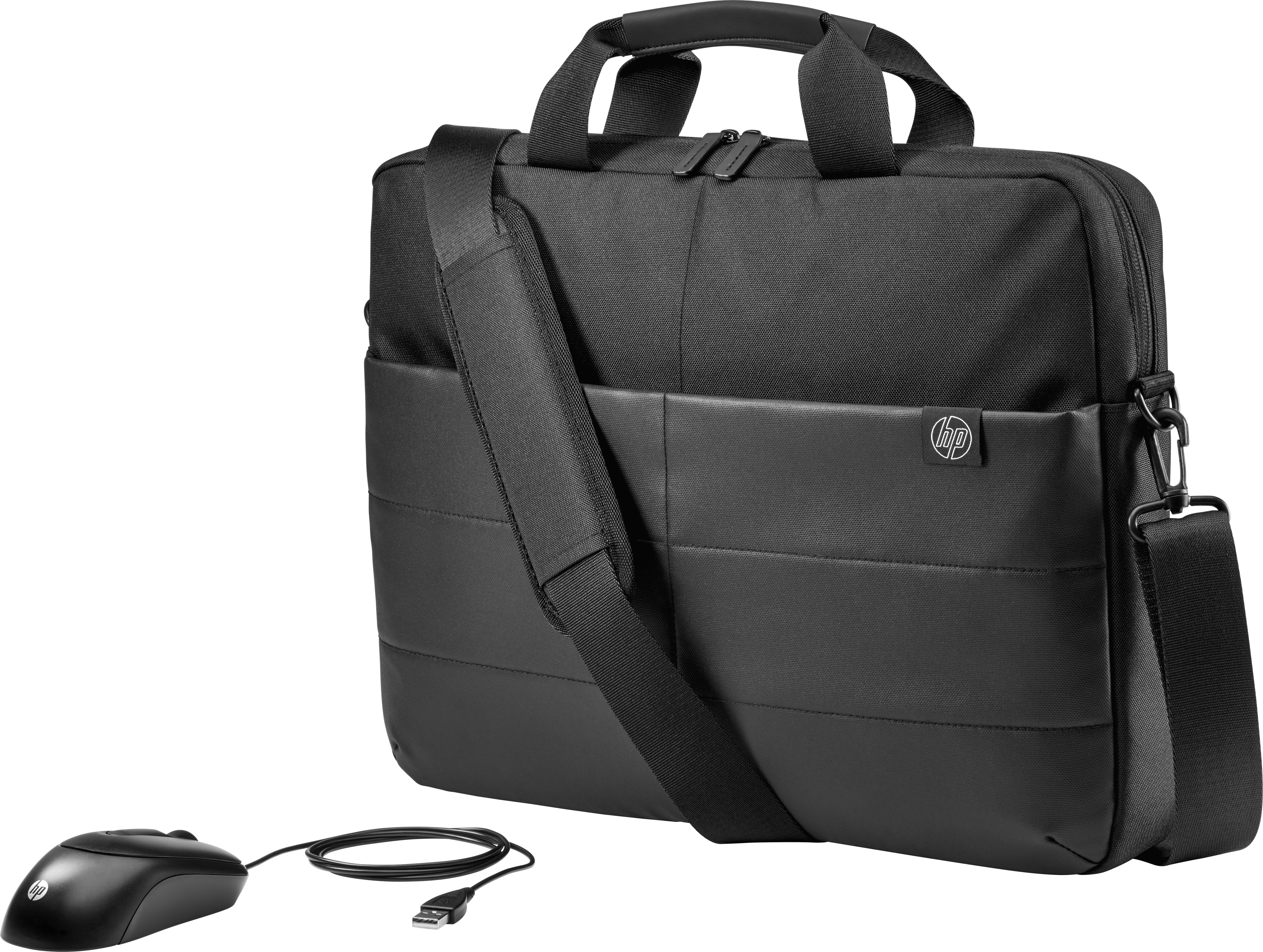 Bolsa para portátil negra, con un ratón. Tiene correa para el hombro y logo HP. Fondo negro.