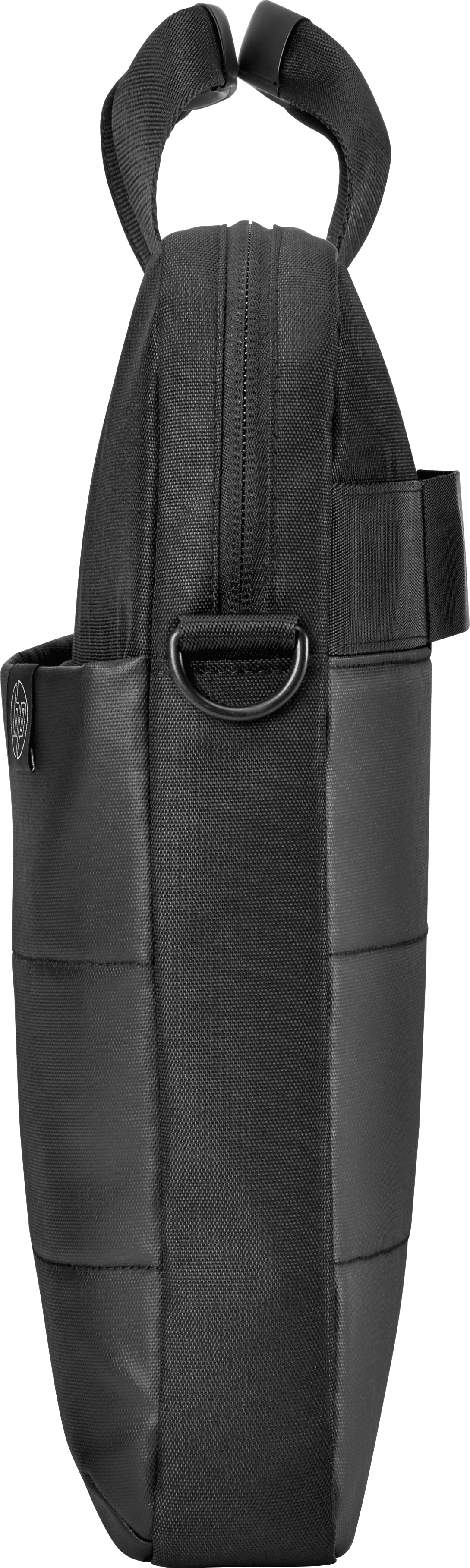 Una bolsa para portátil negra en vista lateral con asa, correa para el hombro y cremallera. El material es texturizado.