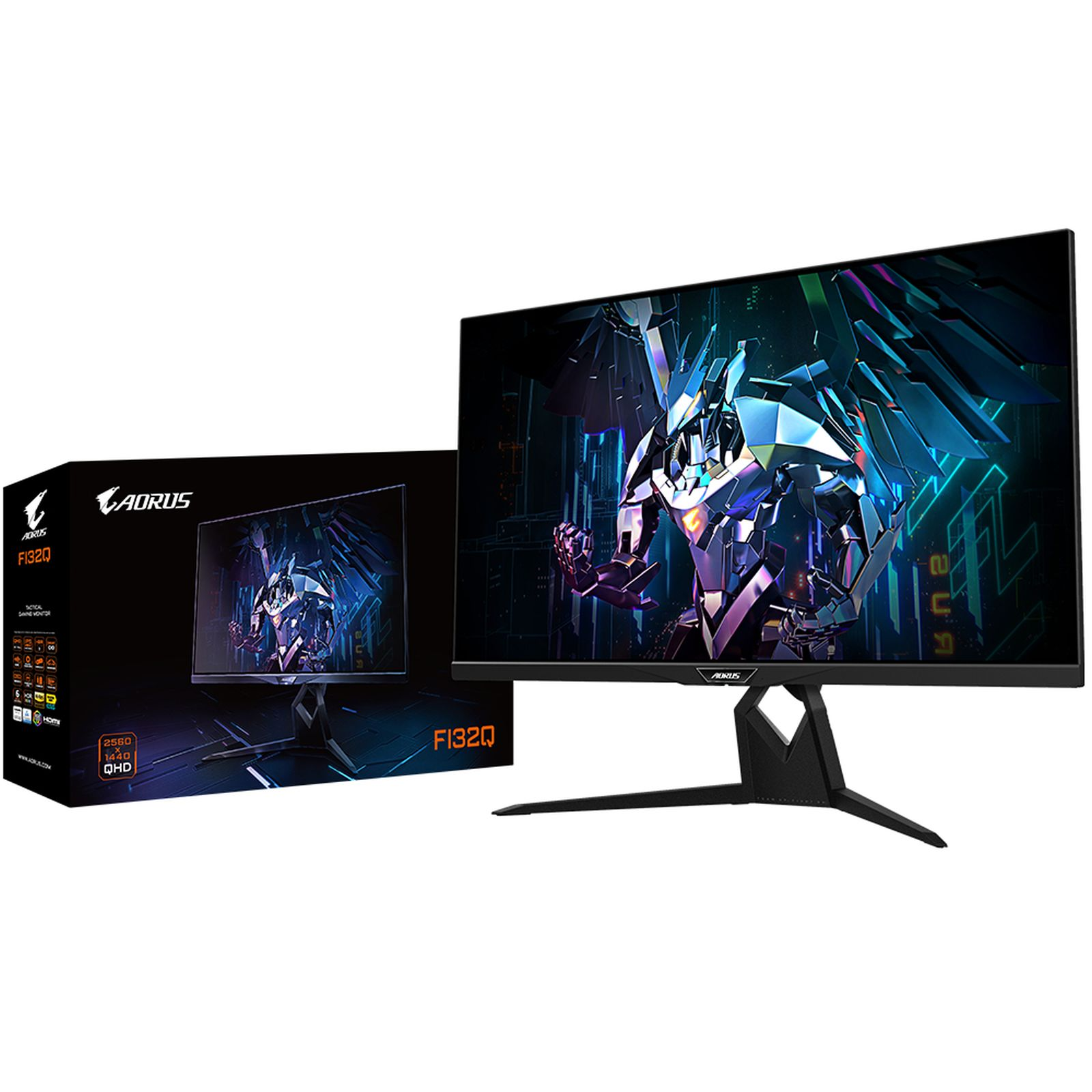 Monitor do gier AORUS i jego pudełko na białym tle. Monitor wyświetla kolorową grafikę.