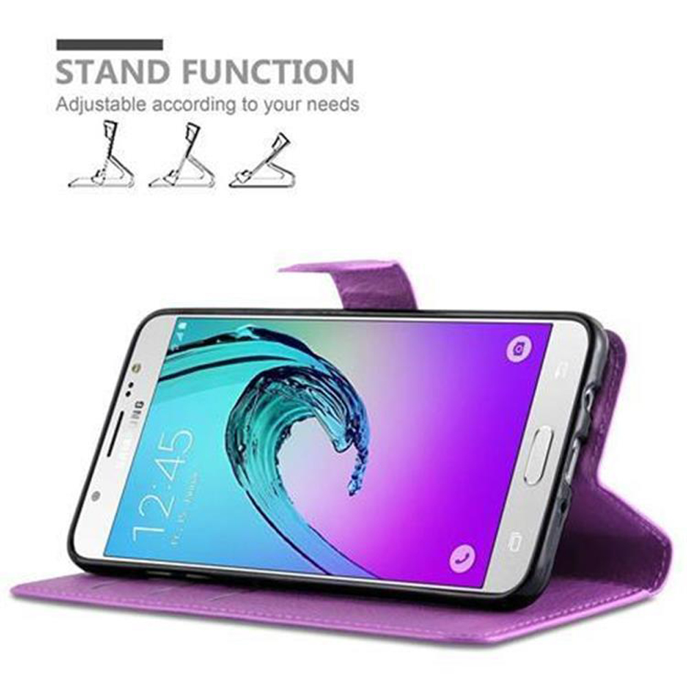Lila Handyhülle mit einem weißen Telefon. Das Telefon zeigt einen Bildschirm mit Uhrzeit und Datum an.