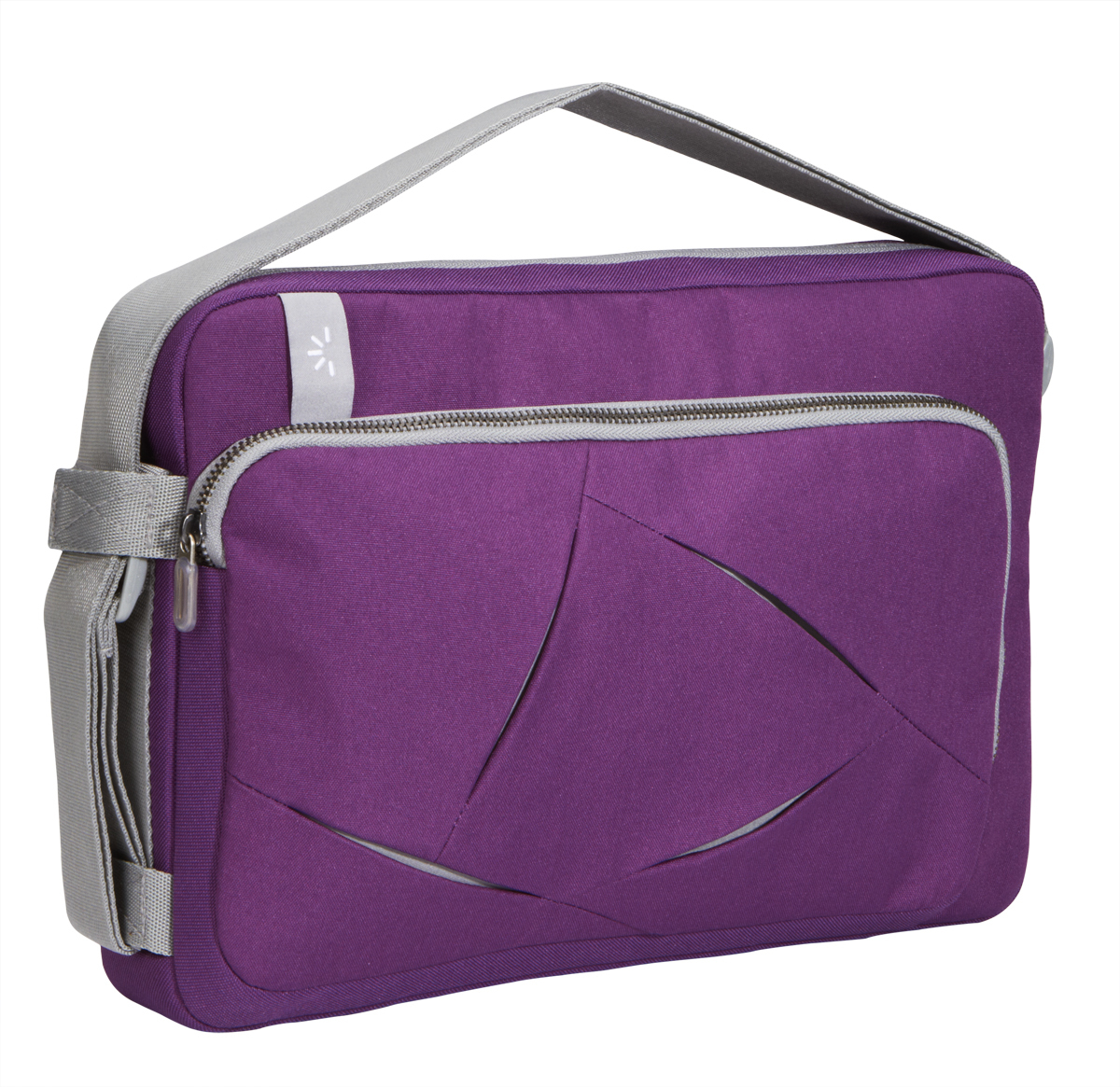 Lila Laptoptasche mit grauen Akzenten, Reißverschlusstasche und Schultergurt, weißer Hintergrund.