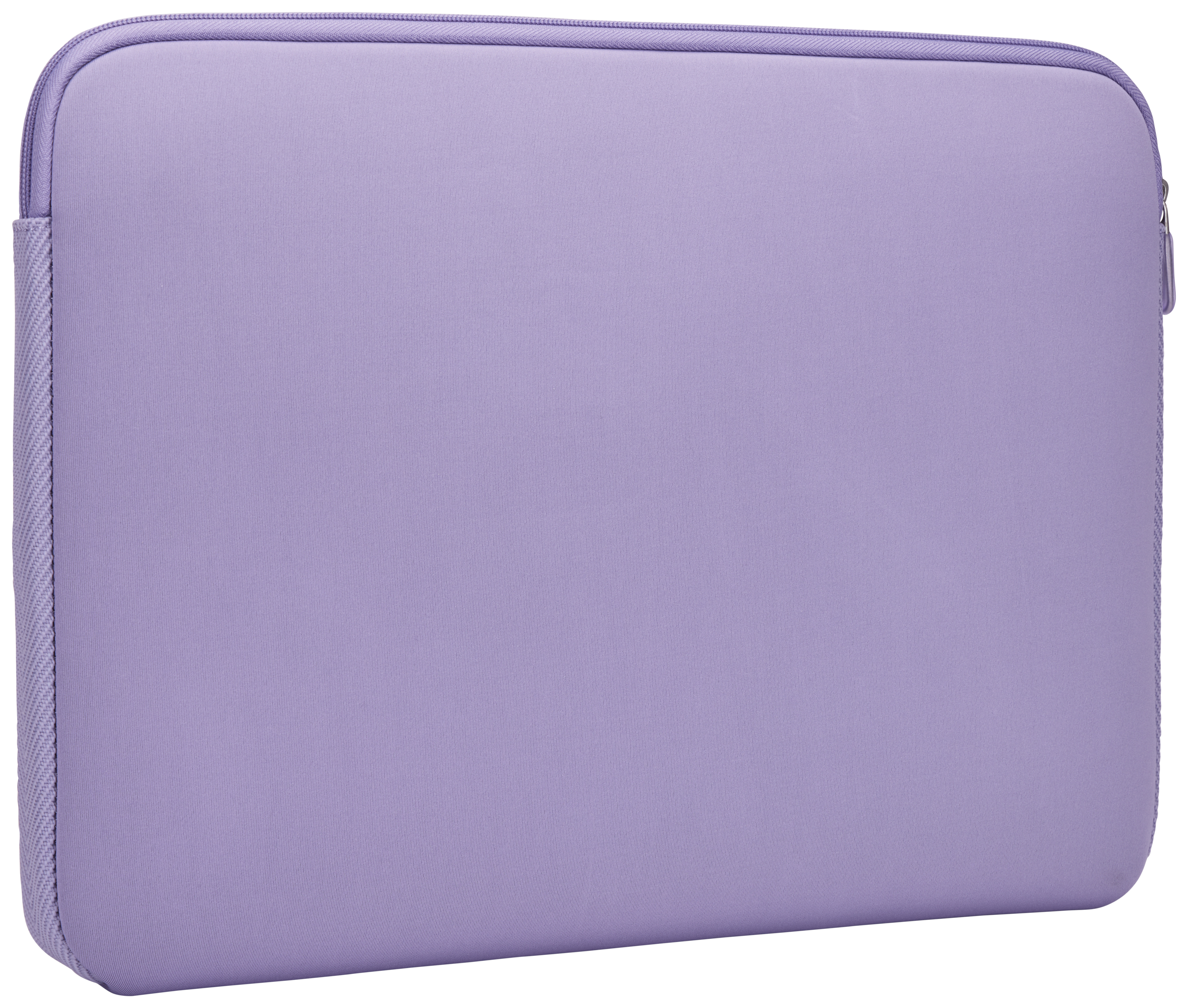 Custodia per laptop color lavanda con cerniera. Sfondo bianco.