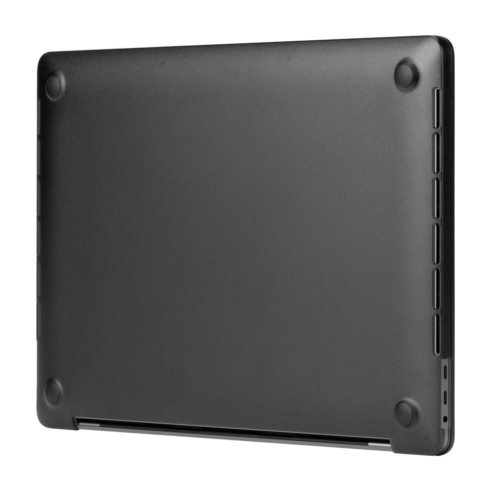 Custodia per laptop nera, vista inferiore, con angoli arrotondati e porte.