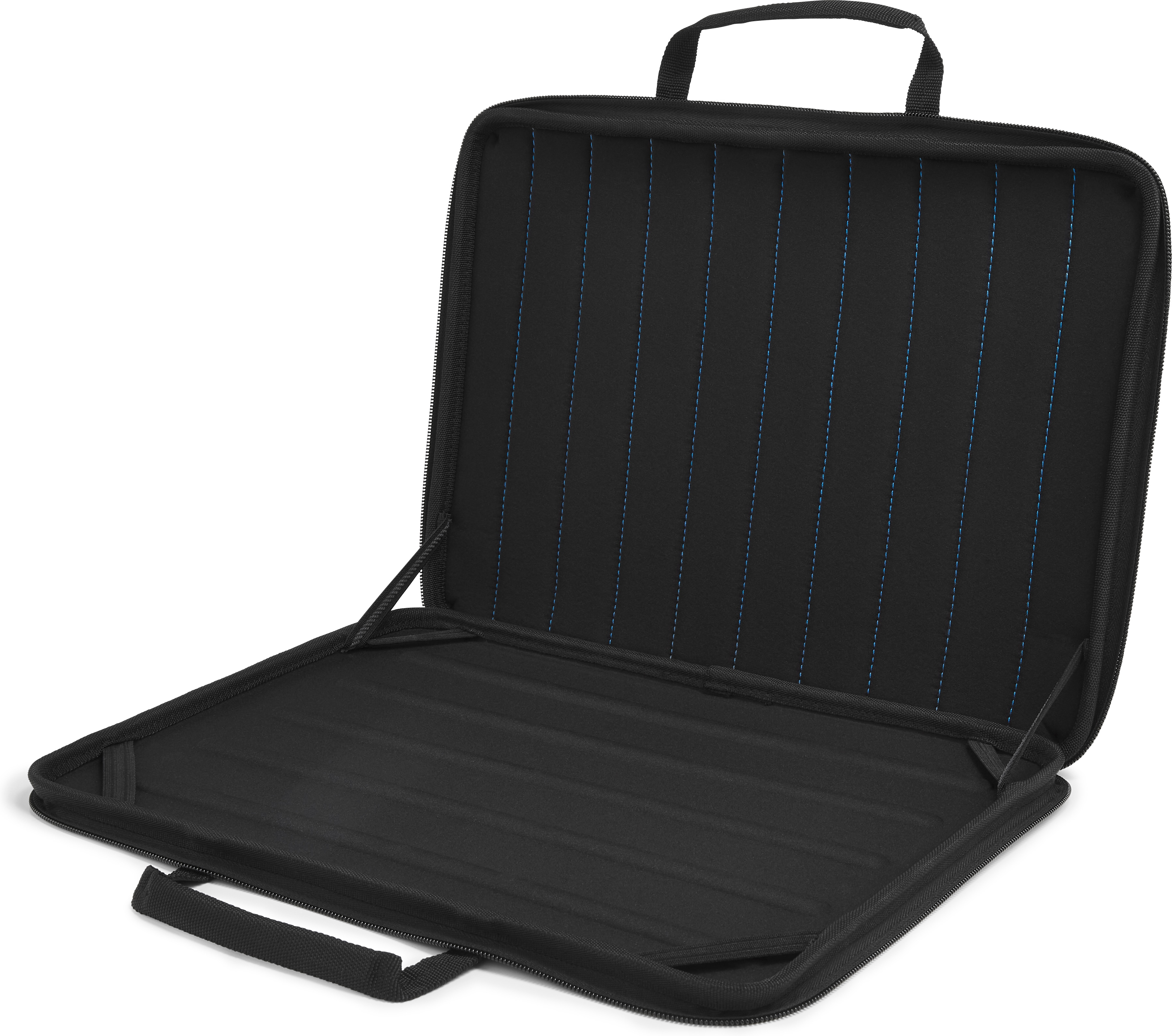 Funda de portátil negra, abierta. Tiene asa y cremallera, forro cosido azul.