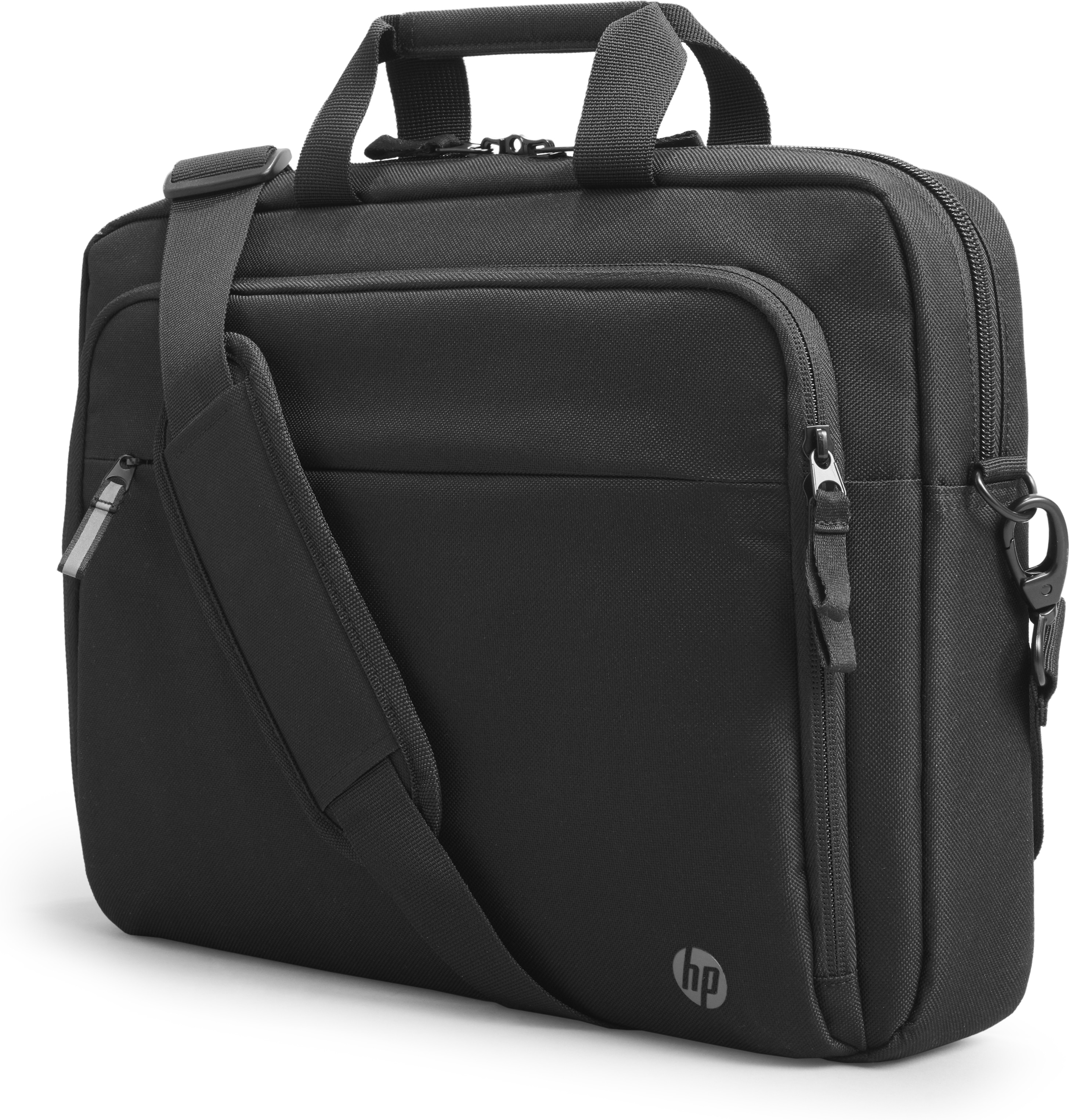 Schwarze Laptoptasche mit Schulterriemen und Reißverschluss. Mit HP-Logo auf der Vorderseite.