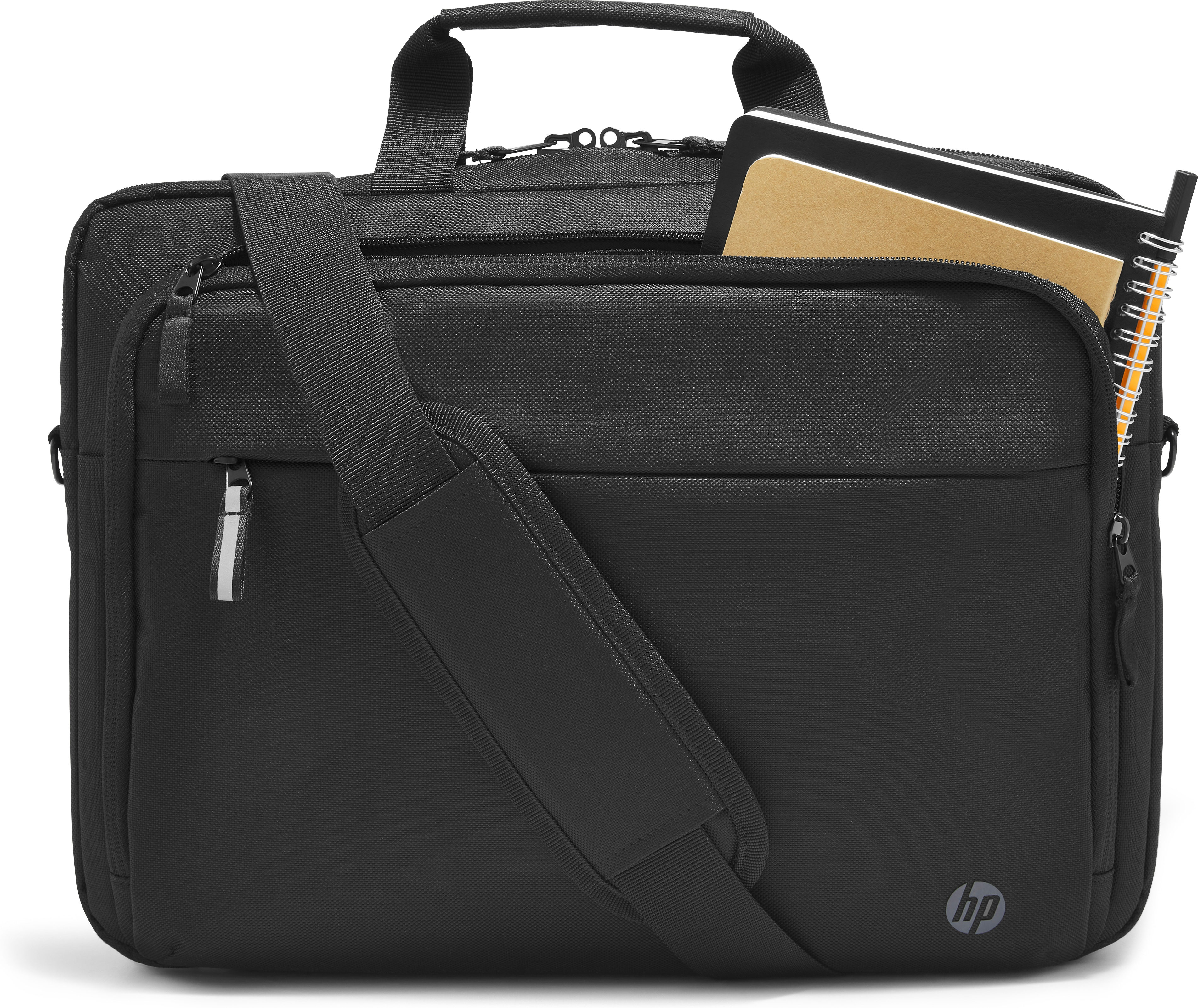 Schwarze Laptoptasche mit Notizbuch und Stift. Schultergurt und Griff.