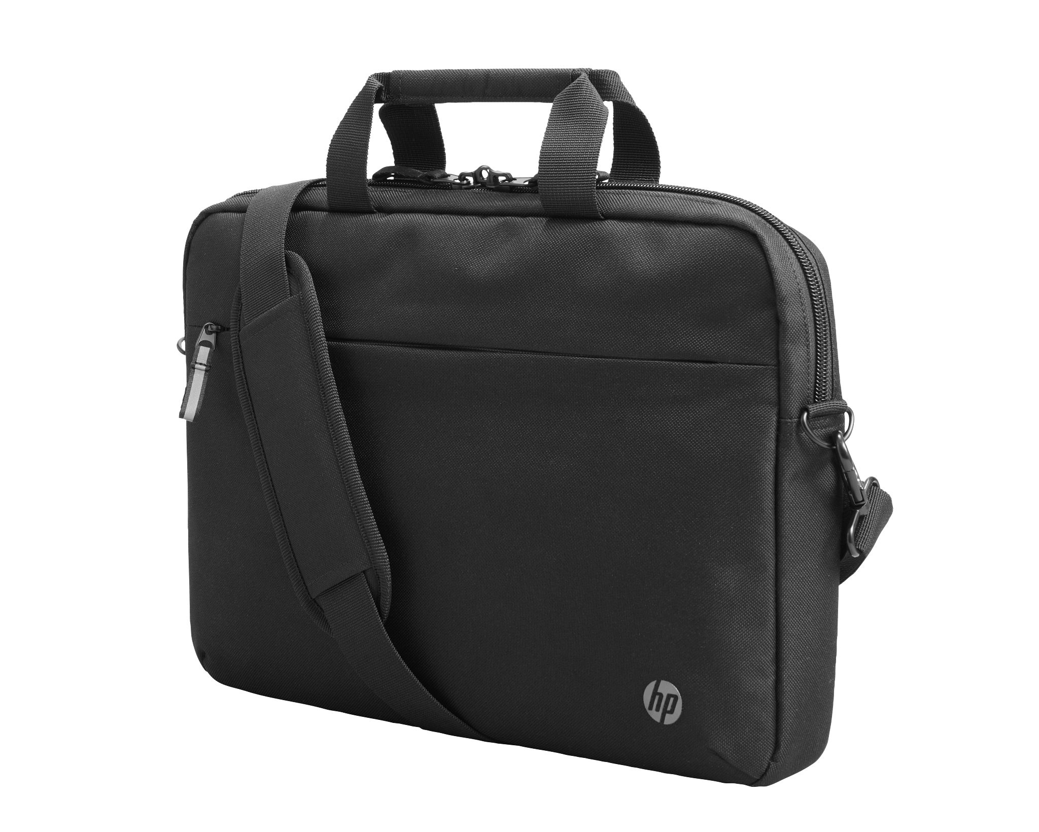 La imagen muestra una bolsa negra para portátil HP con asa y correa para el hombro sobre un fondo blanco.
