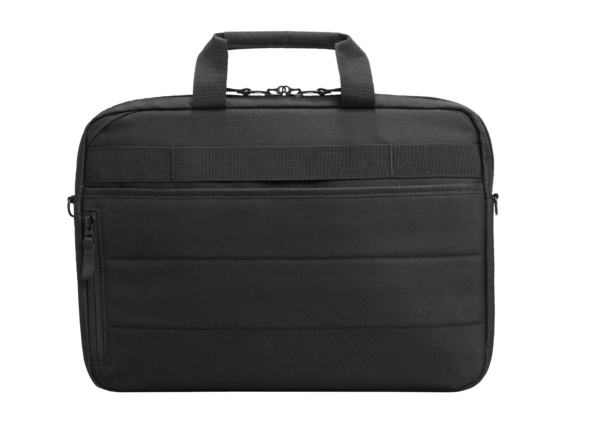 Una bolsa negra para portátil con asa, bandolera y un bolsillo con cremallera en la parte delantera.
