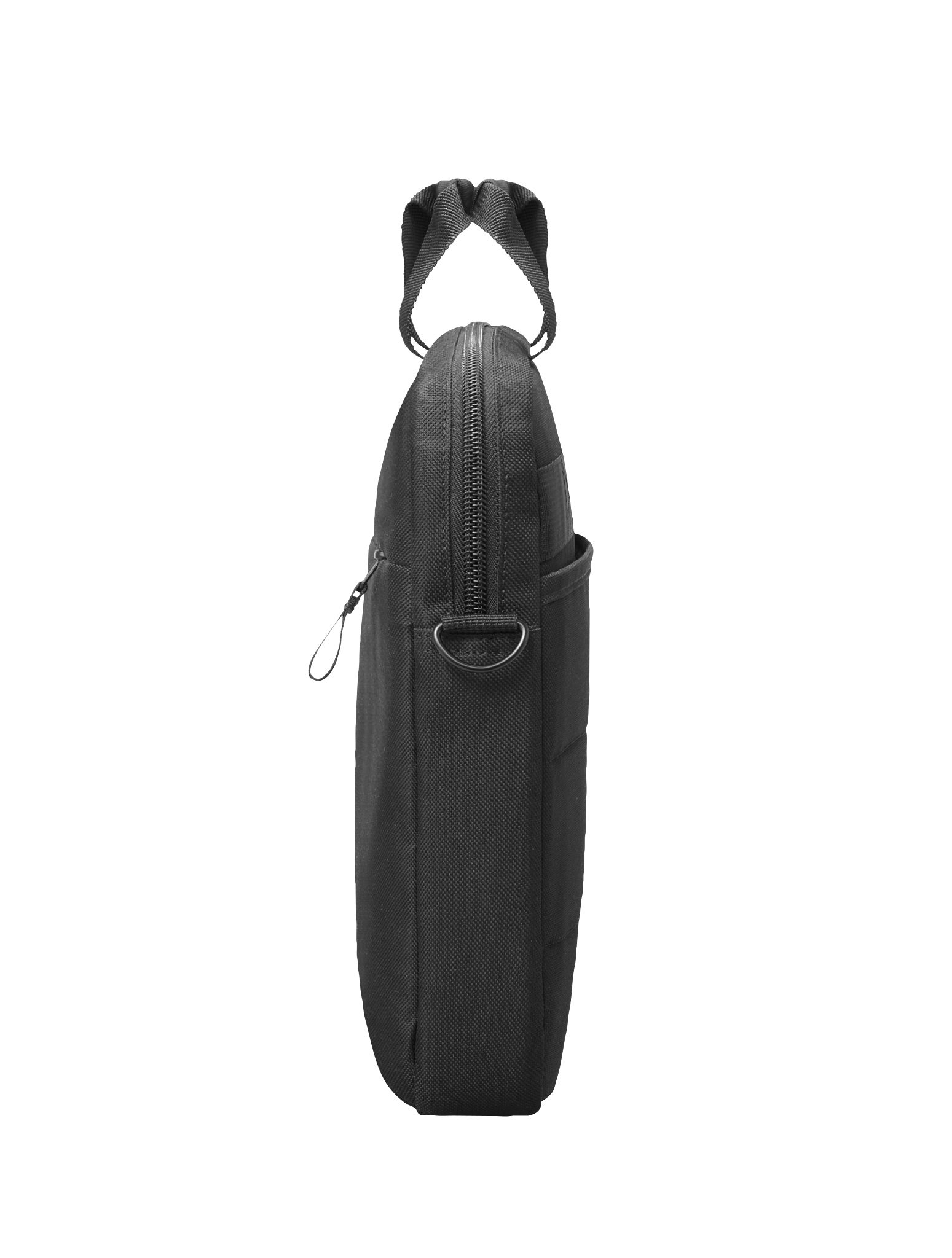 Bolso negro para portátil con asa y correa. Vista lateral, fondo blanco.