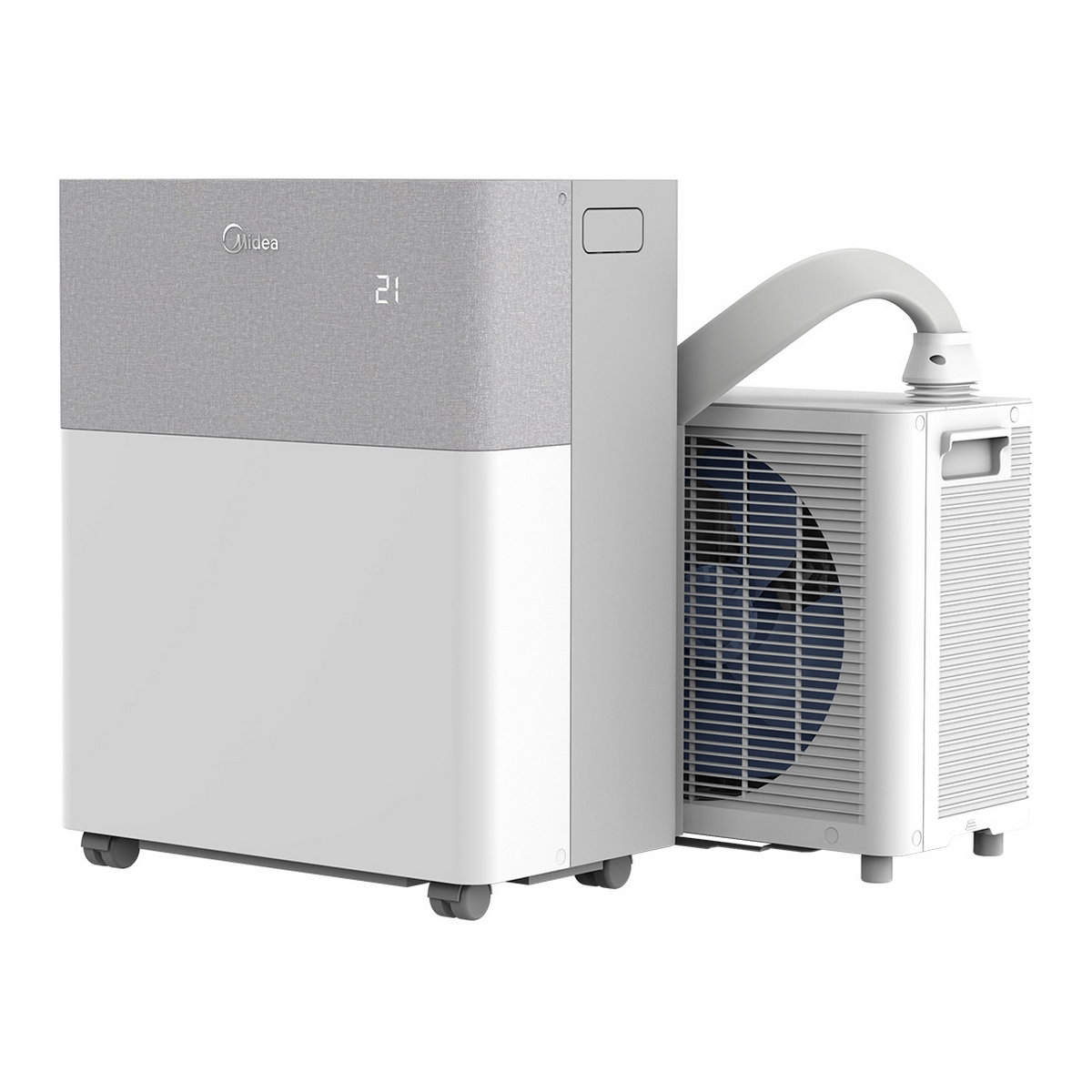White and gray portable air conditioner with a flexible tube connected to an outdoor unit.