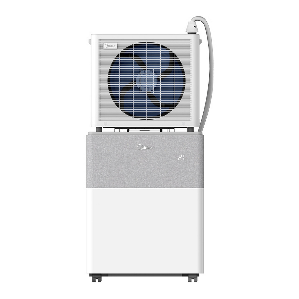 White and grey air conditioning unit with a blue fan.