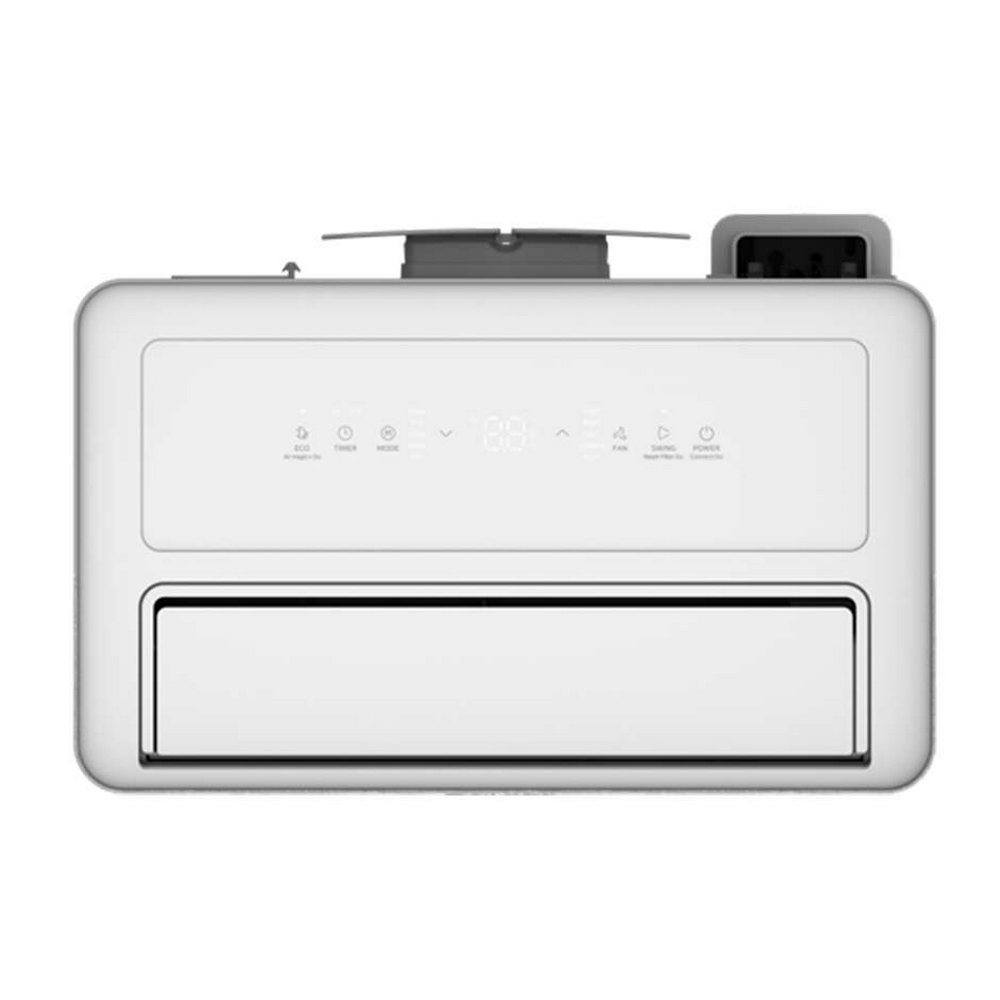 White portable air conditioner with digital display and control buttons. 