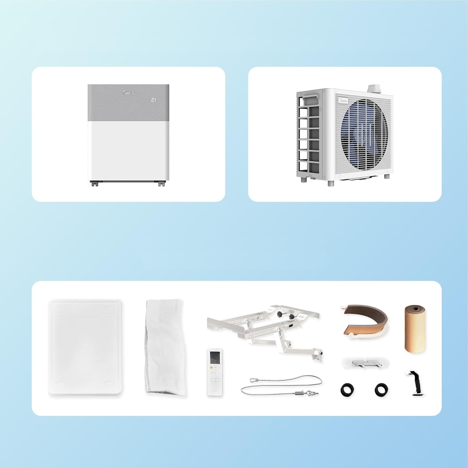 Set di purificatore d'aria e condizionatore. Include il purificatore, l'unità esterna e gli accessori.