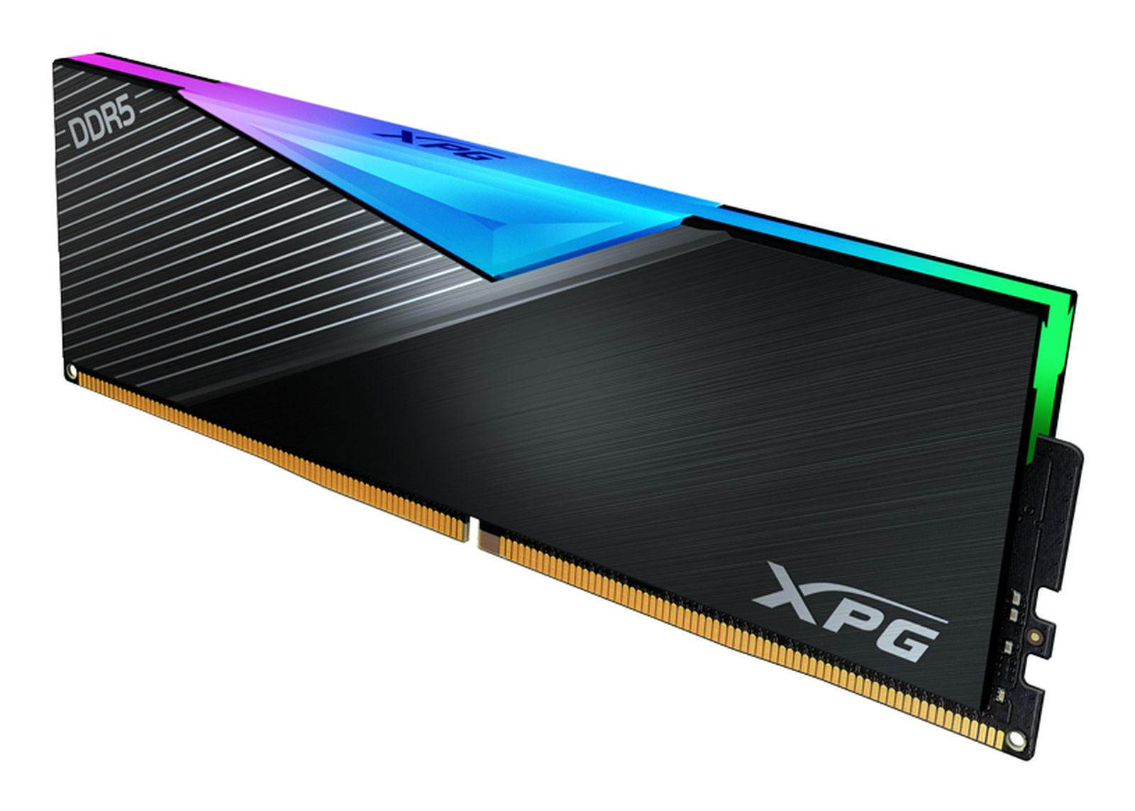 Moduł pamięci RAM XPG DDR5 z podświetleniem RGB. Czarno-srebrny design.