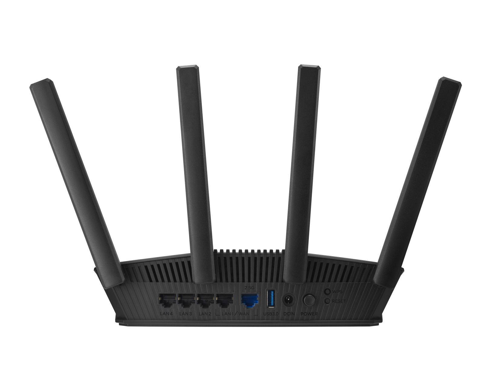 Czarny router z czterema antenami. Różne porty z tyłu. Białe tło.