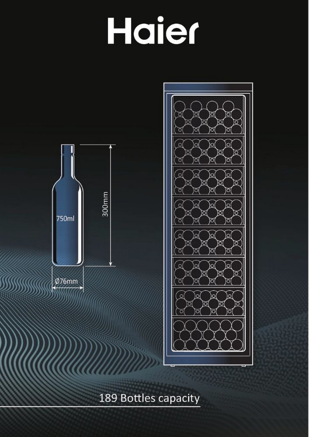Diagramma del refrigeratore per vino. Bottiglia, dimensioni e informazioni sulla capacità. Sfondo nero. Marchio Haier.