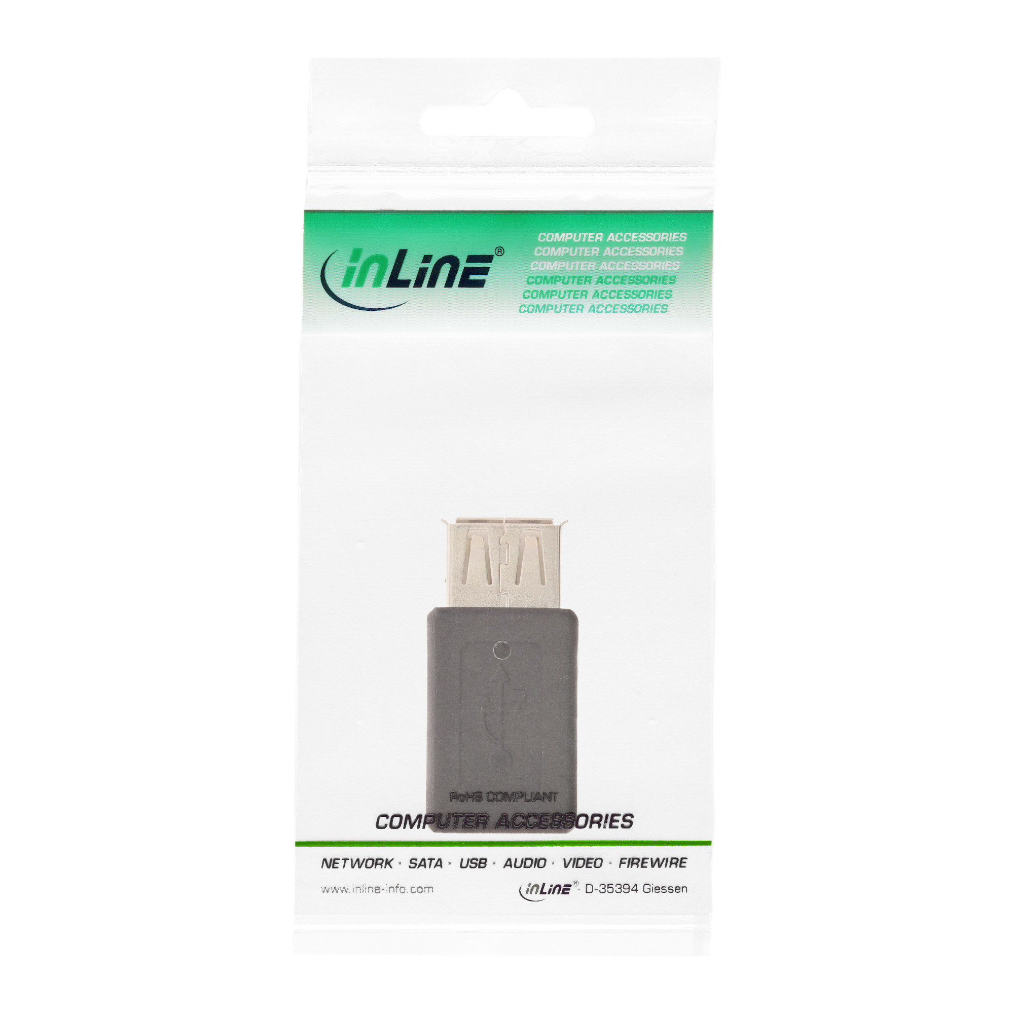 Transparente Kunststoffverpackung mit grauem USB-Adapter, Produktdetails und Firmenname.
