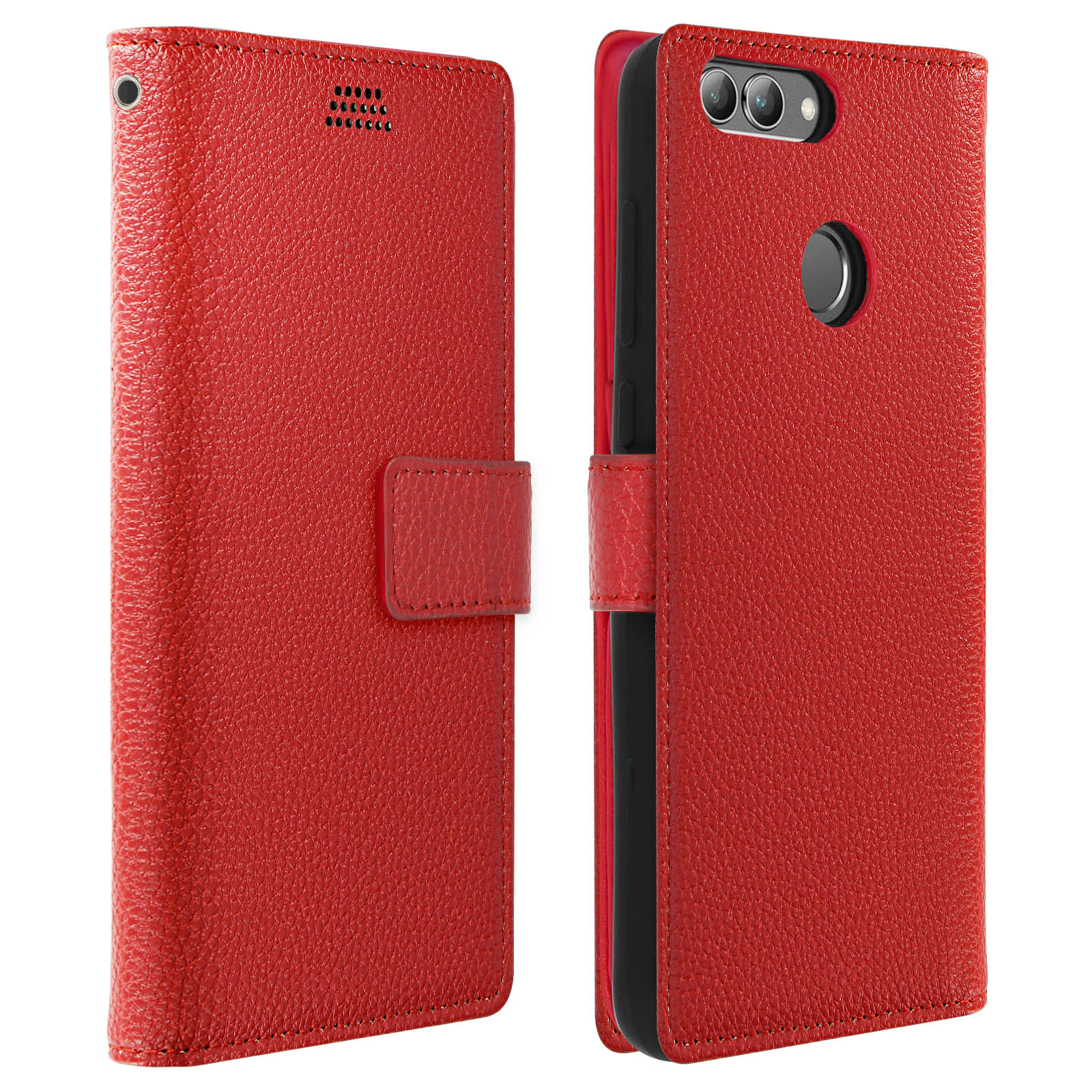 Custodia per telefono rossa, aperta e chiusa. La custodia è in pelle e ha una chiusura.