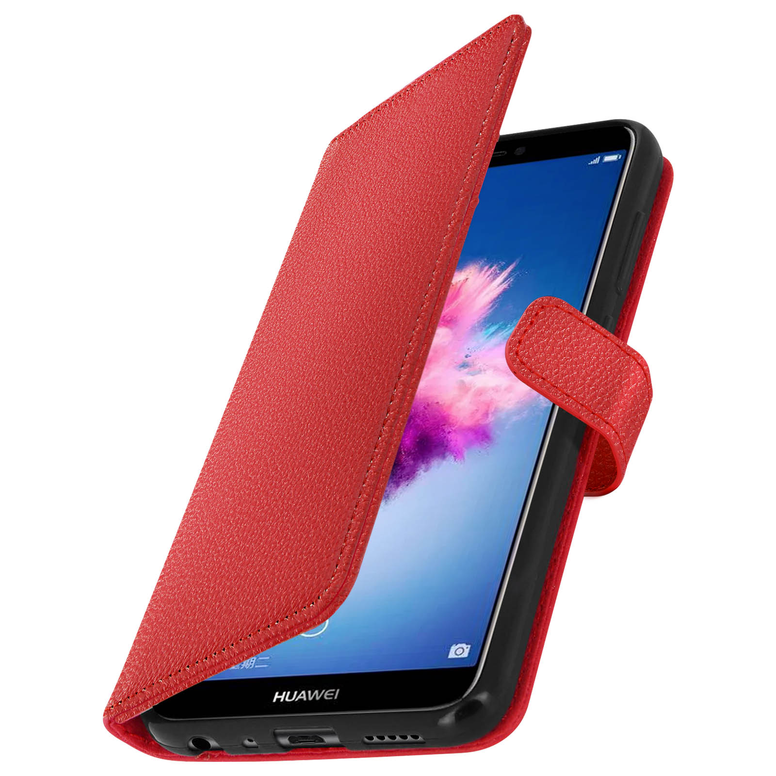 Custodia rossa per telefono, aperta, rivela un telefono nero con schermo. Cinturino rosso sulla custodia.
