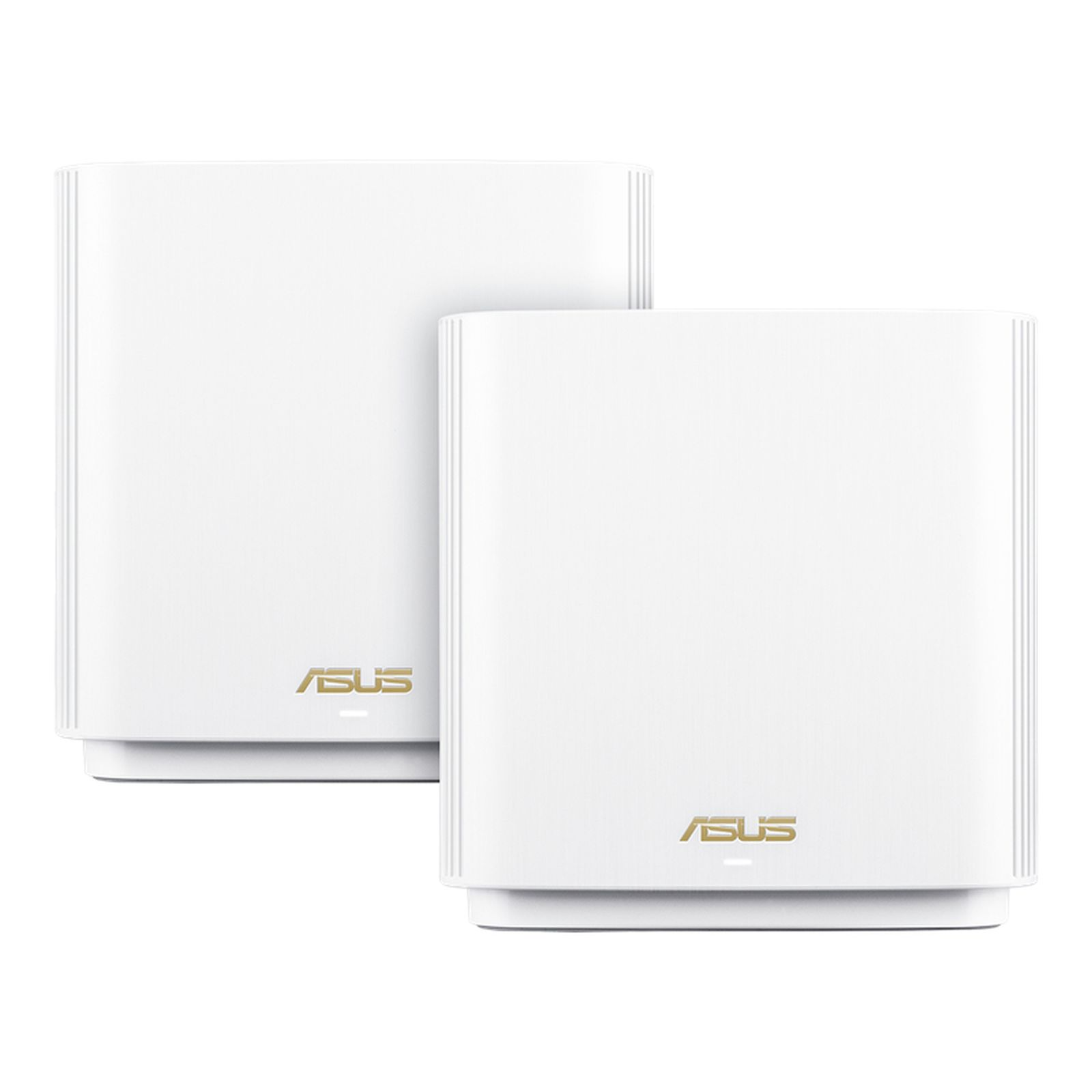 Dwa białe urządzenia ASUS mesh Wi-Fi z logo ASUS na białym tle.