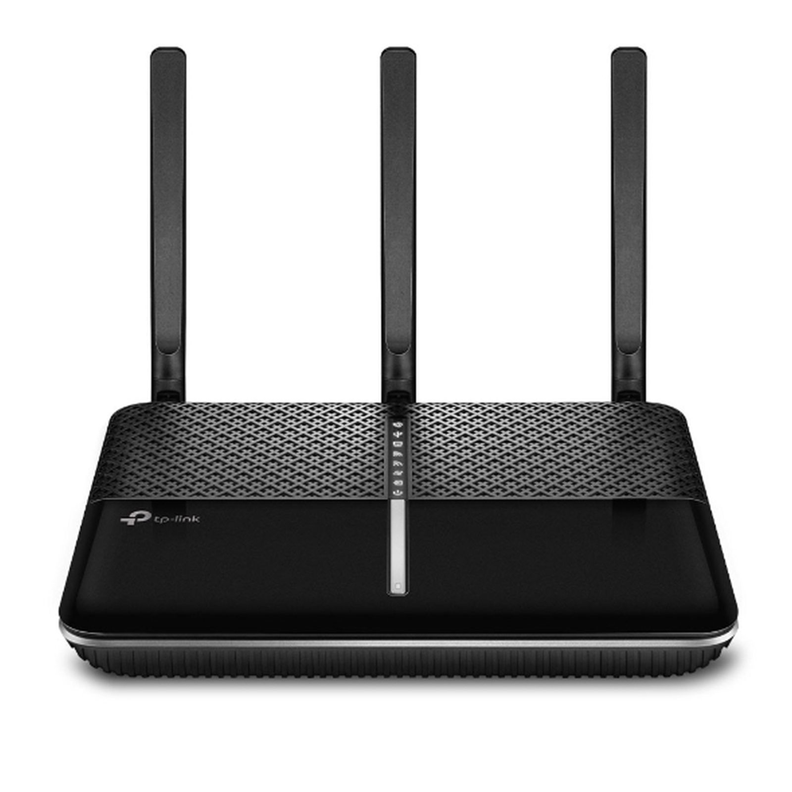 Czarny router Wi-Fi TP-Link z trzema antenami na białym tle.