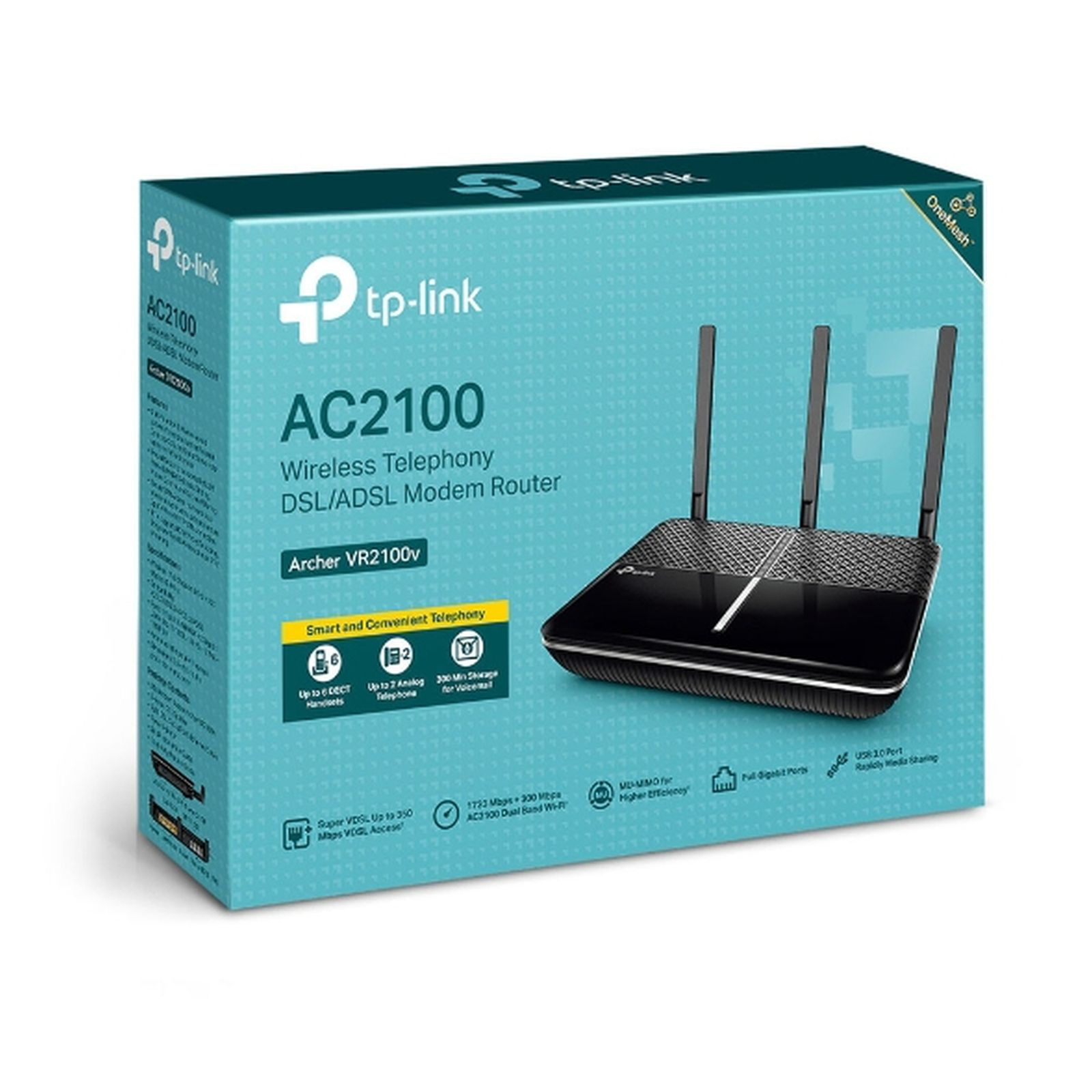 Czarne pudełko routera TP-Link AC2100, z routerem i antenami.