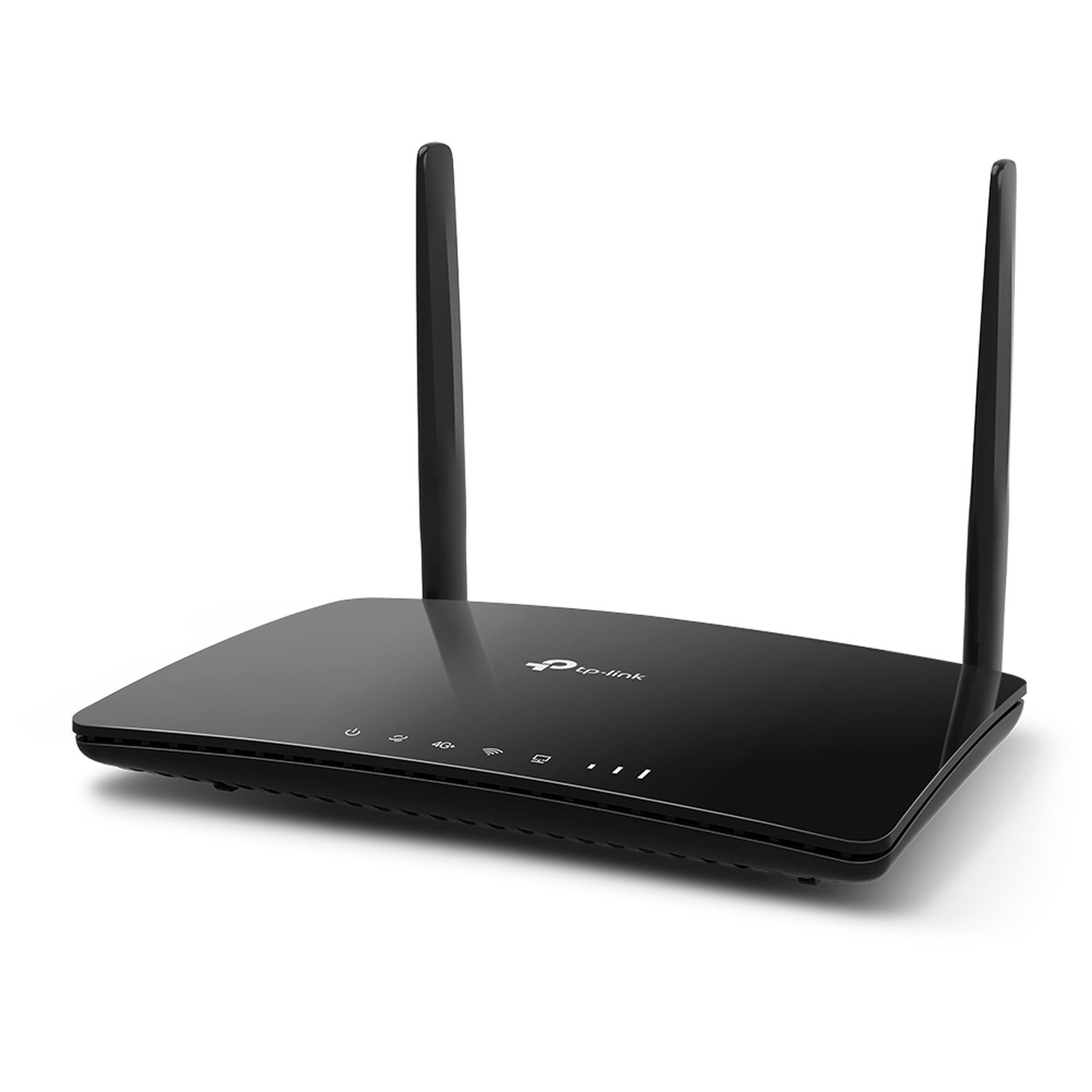 Een zwarte TP-Link router met twee antennes, tegen een witte achtergrond. Het heeft indicatielampjes.