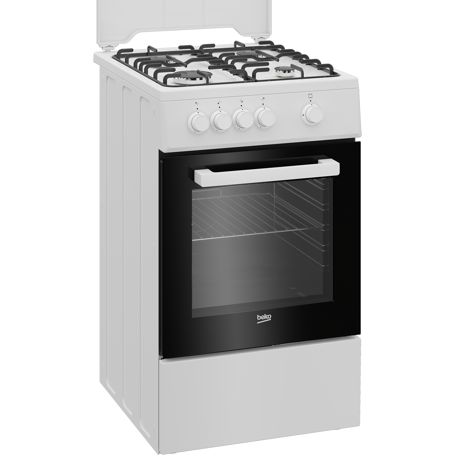 Fornello a gas bianco con forno. Manopole frontali, quattro fuochi sopra e porta del forno nera.