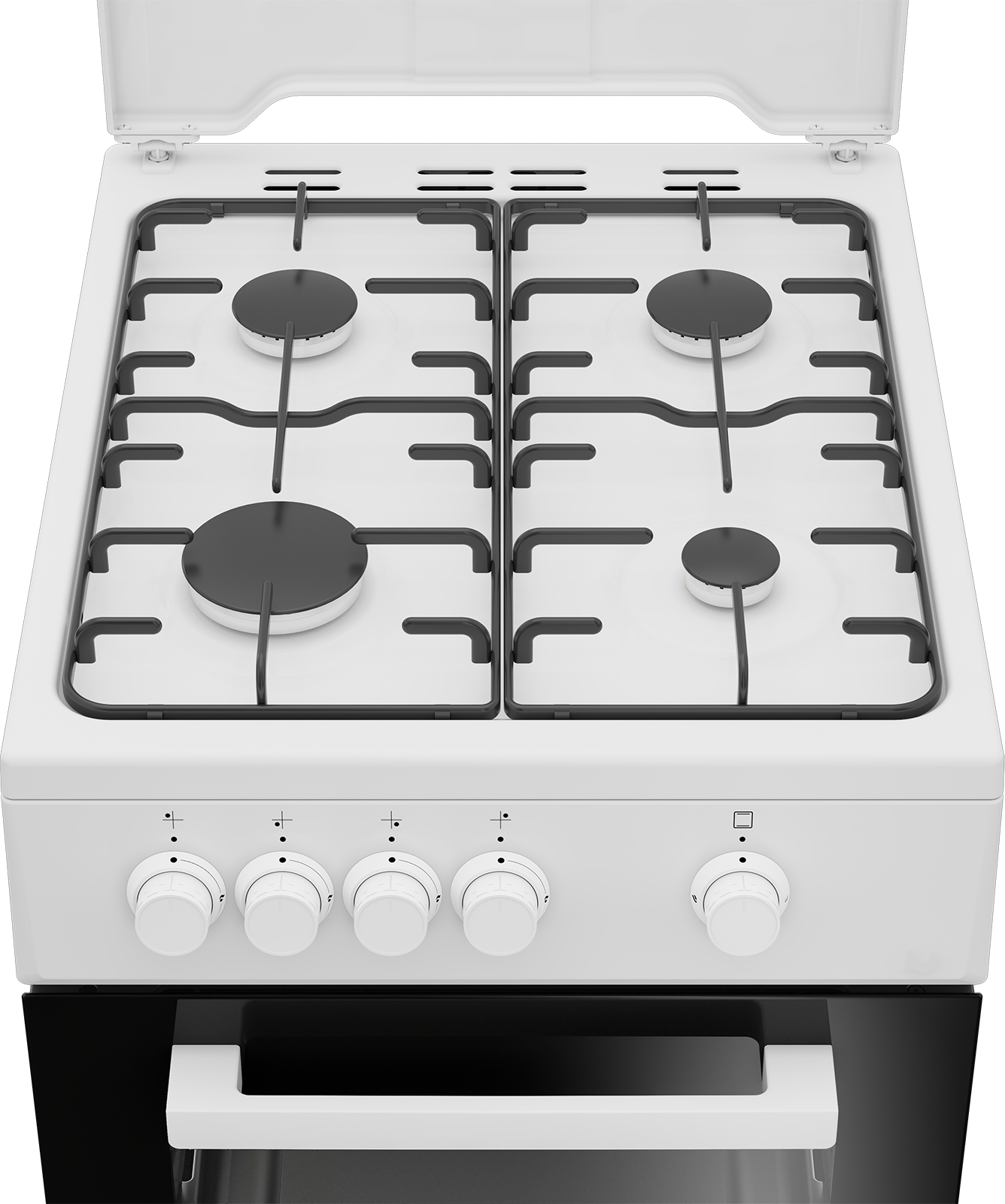 Piano cottura bianco con quattro fuochi e manopole. Sotto porta forno nera.
