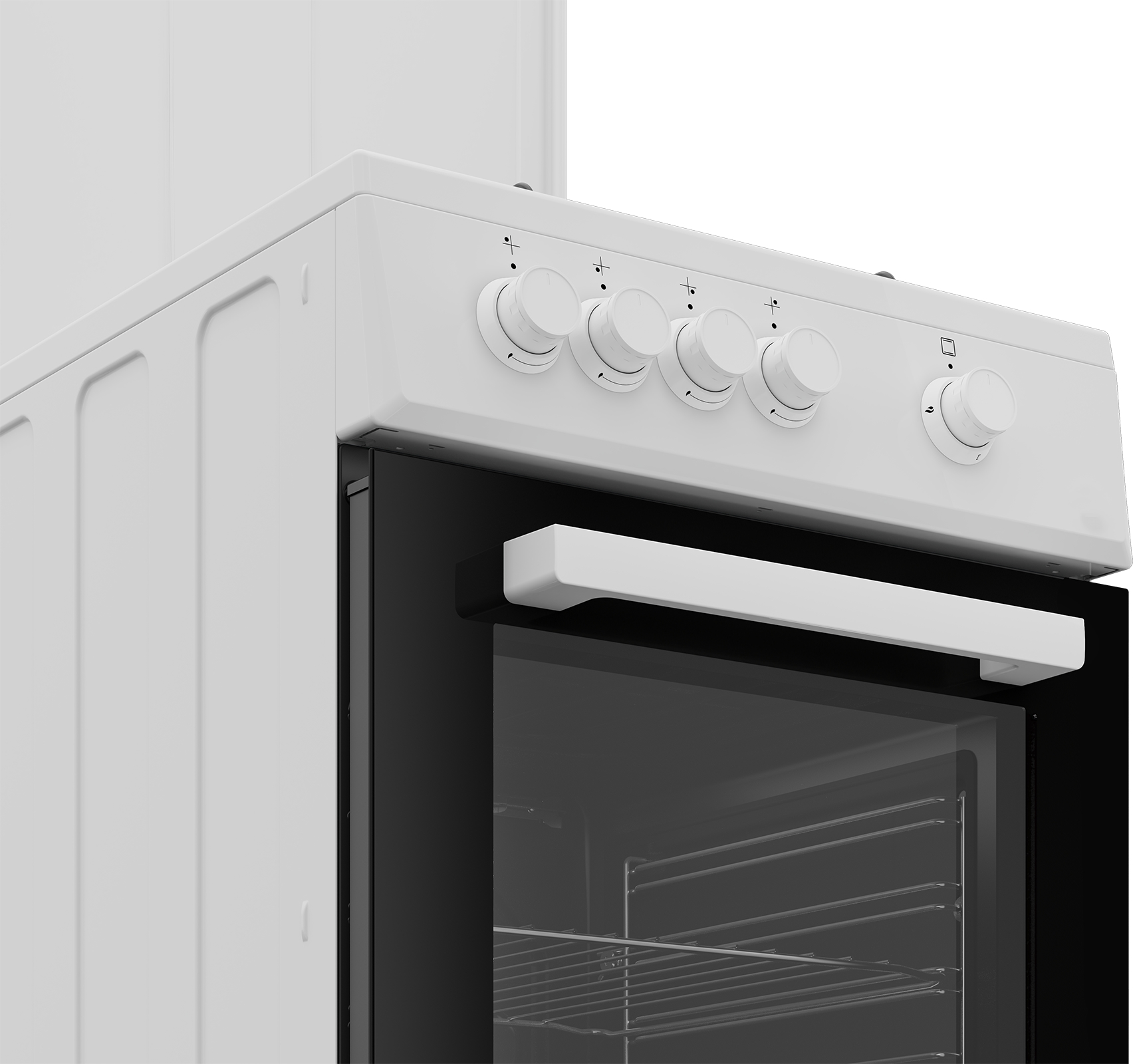 Primo piano del pannello di controllo del forno bianco. Manopole e porta. Porta in vetro nero. Sfondo bianco. Acciaio inossidabile.