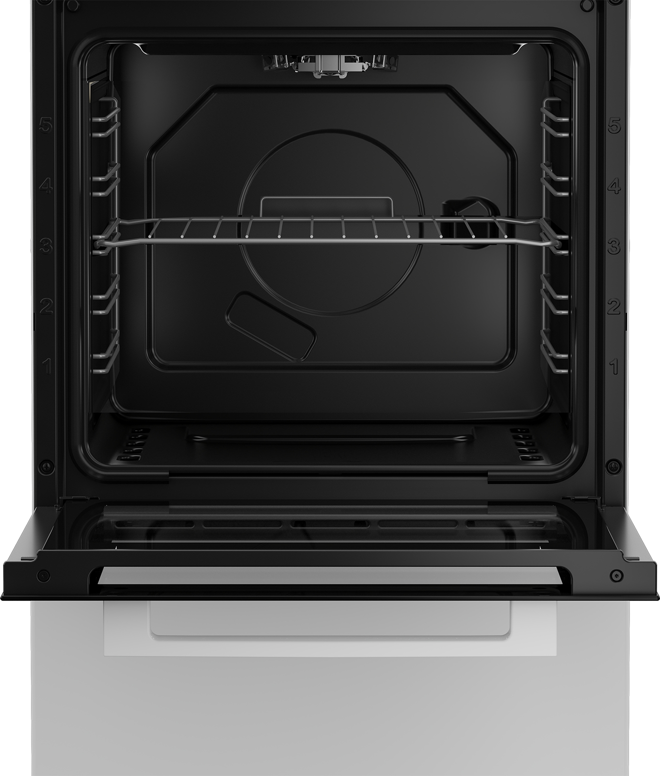 Interno del forno con porta aperta. Mostra griglia e dettagli interni.