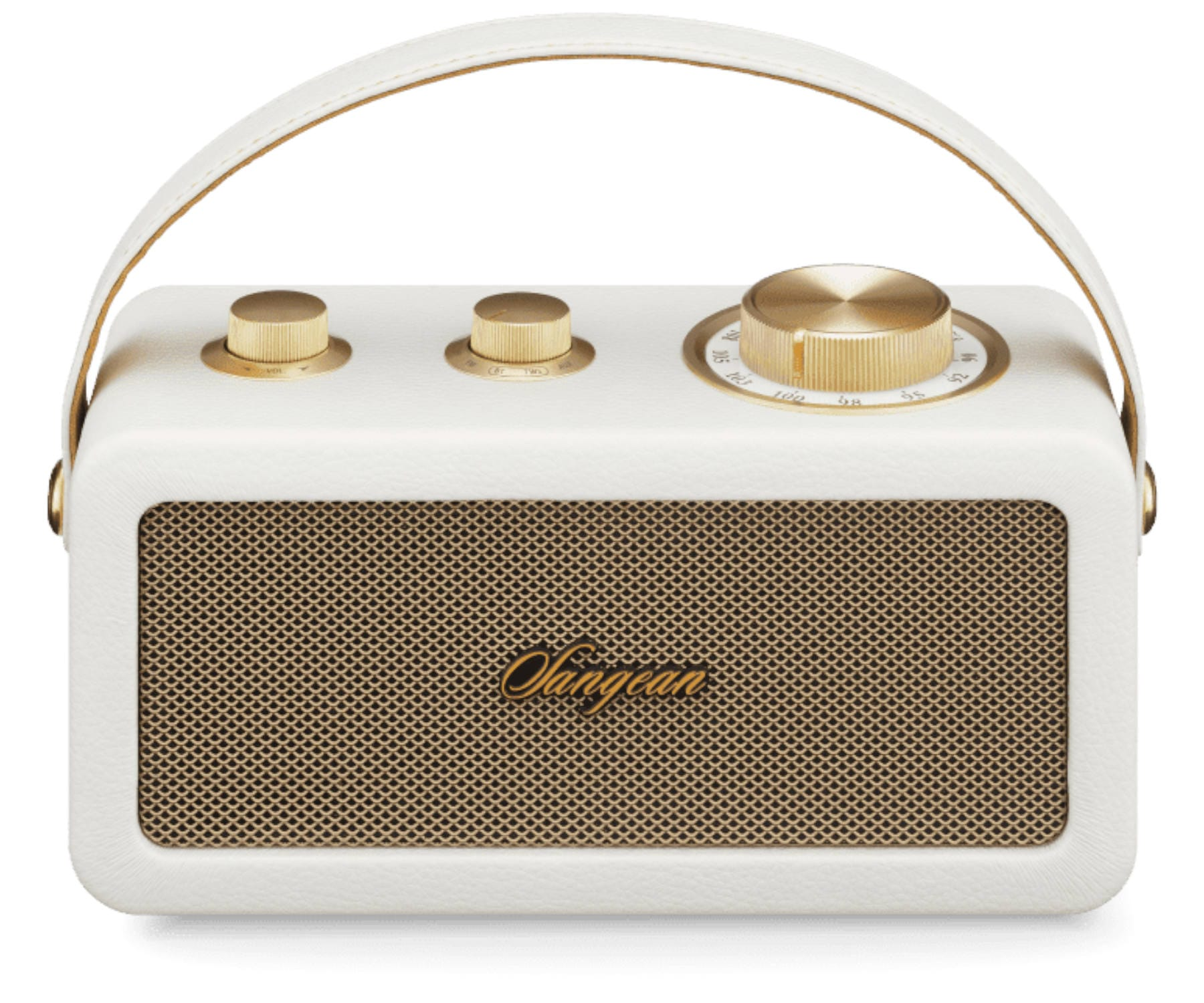 Una radio de estilo vintage crema y dorada con asa y diales.