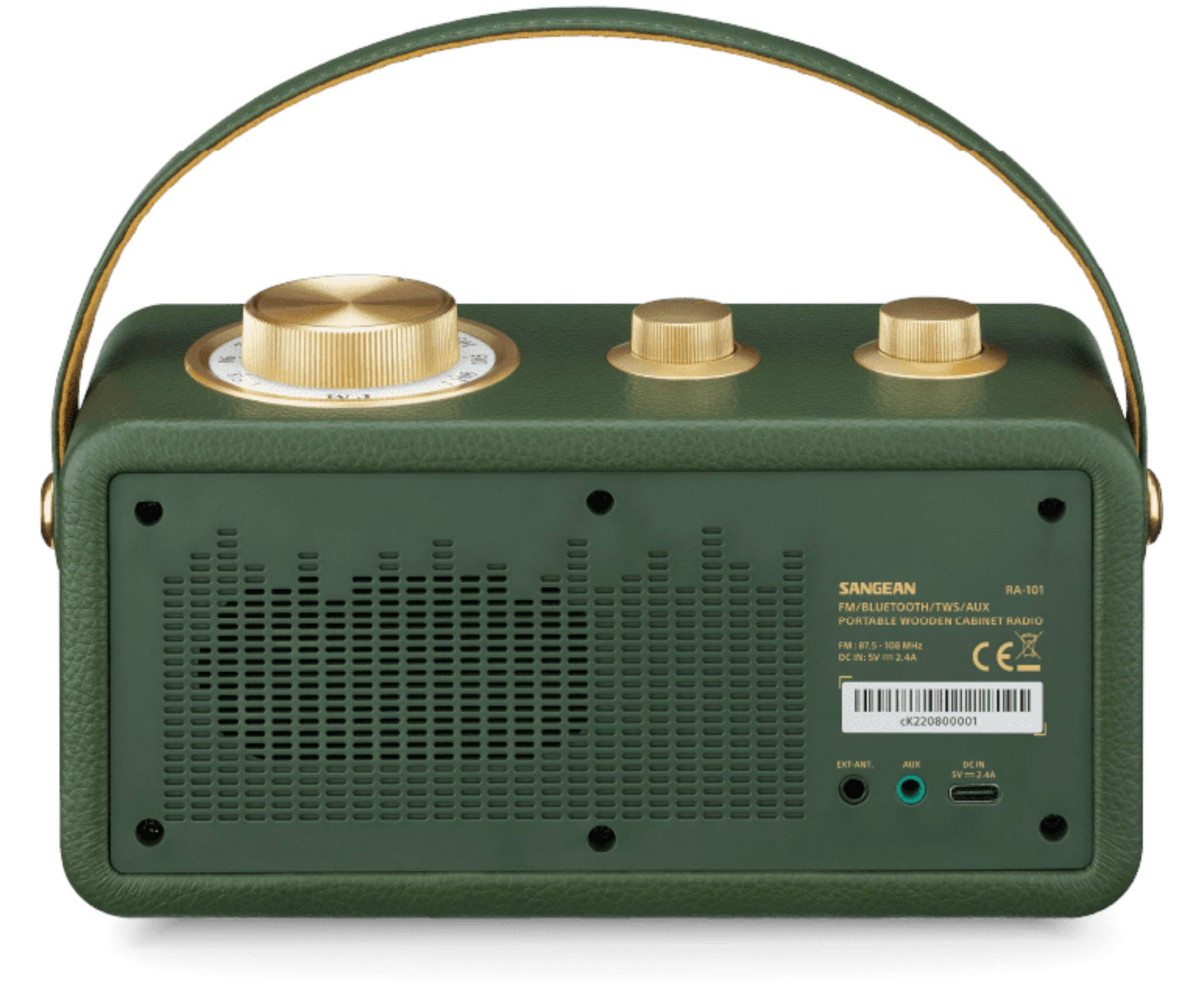 Radio retrò verde con manopole dorate e maniglia, vista posteriore.