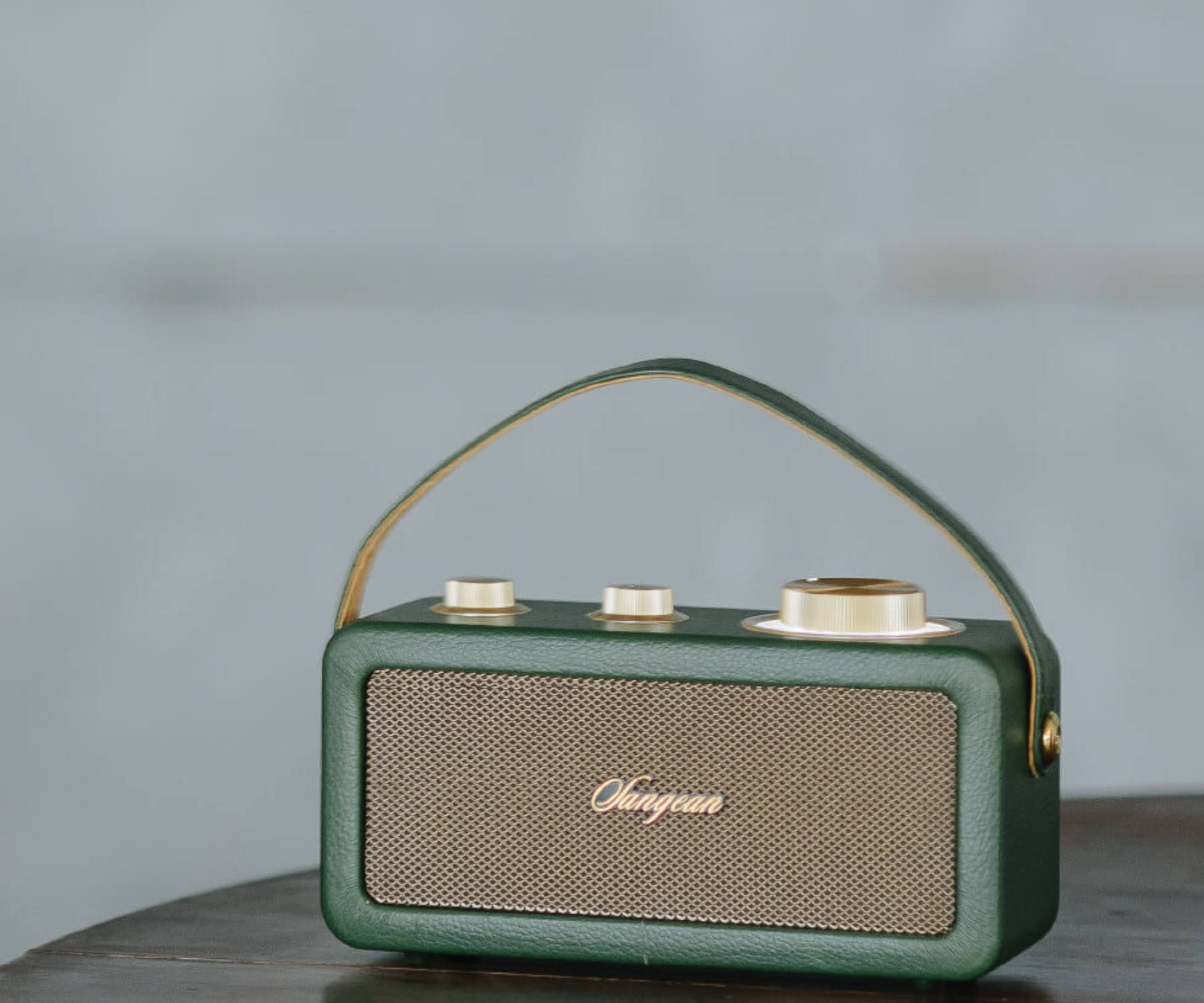 Radio portatile verde in stile vintage con maniglia, manopole e griglia.