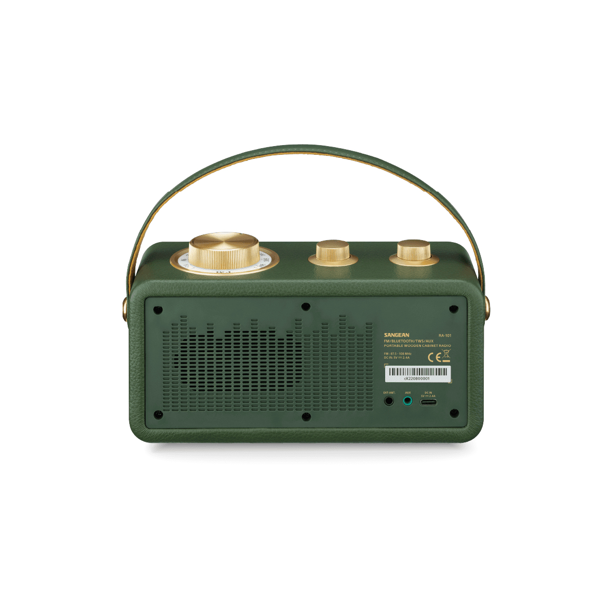 Una radio, verde con dettagli dorati e bottoni. Ha una maniglia.