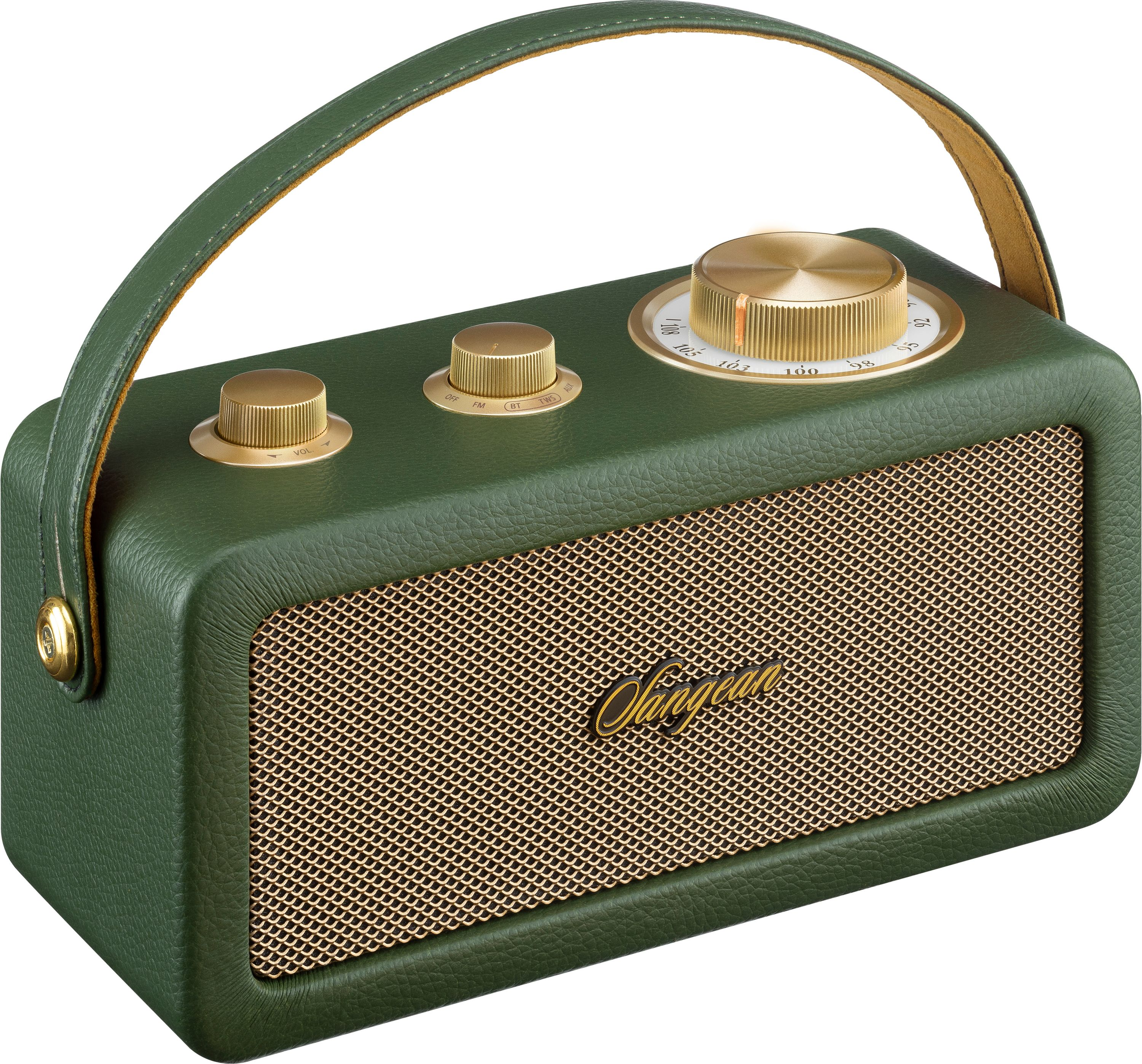 Radio retrò verde con manopole dorate e griglia altoparlante. Manico in pelle marrone sopra.