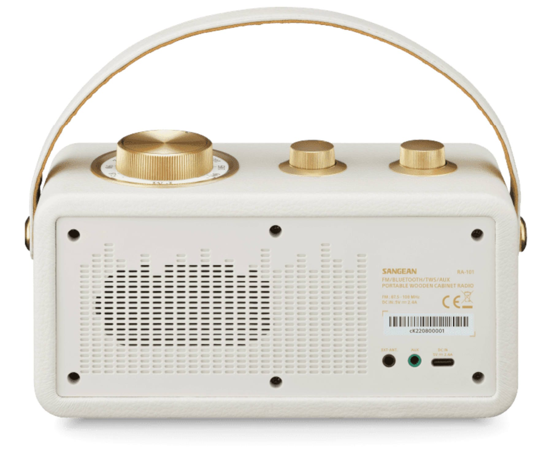 Radio retro color crema con asa de cuero y detalles dorados, sobre fondo blanco.