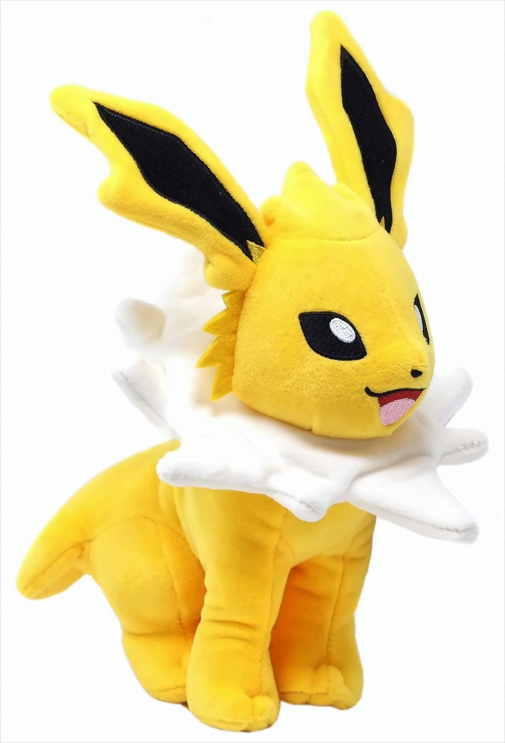 Gelbes Jolteon-Plüschtier mit weißem Kragen und schwarzen Ohren.