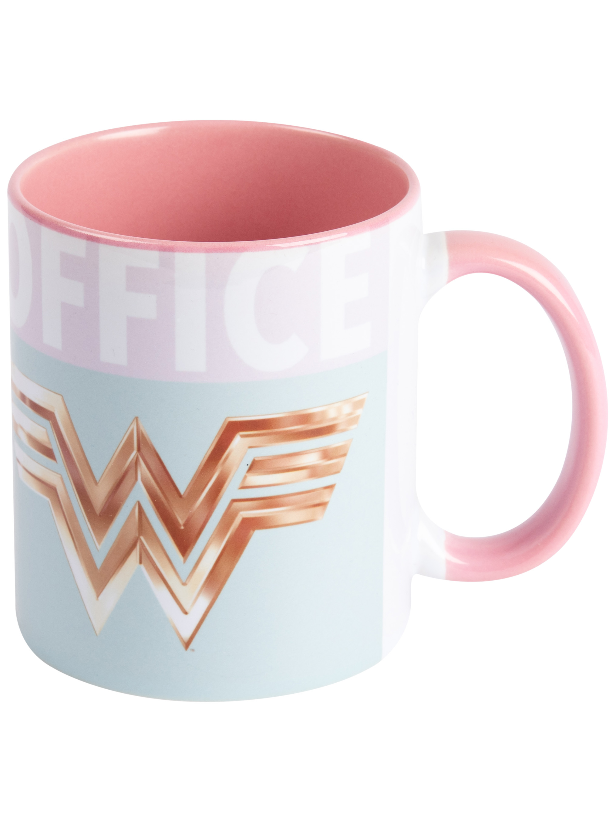 Eine weiße Tasse mit einem Wonder Woman-Logo. Die Innenseite der Tasse ist rosa, der Griff ist rosa. Der Hintergrund ist hellblau.