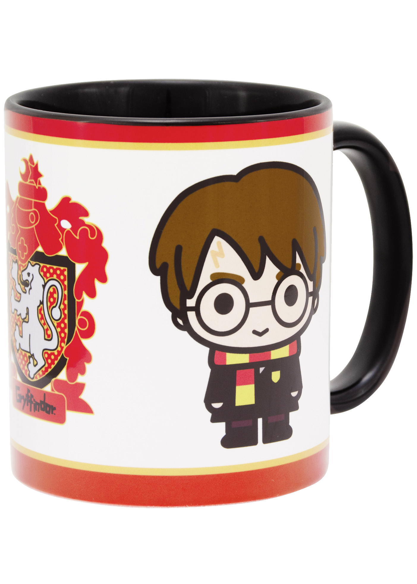 Harry Potter Becher mit Gryffindor Wappen und Cartoon Harry, auf weißem Hintergrund.