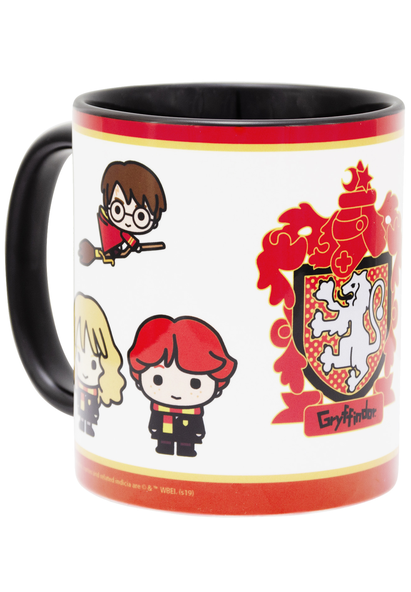 Becher mit Harry-Potter-Figuren und Gryffindor-Wappen. Schwarzer Griff und rotes Band unten.