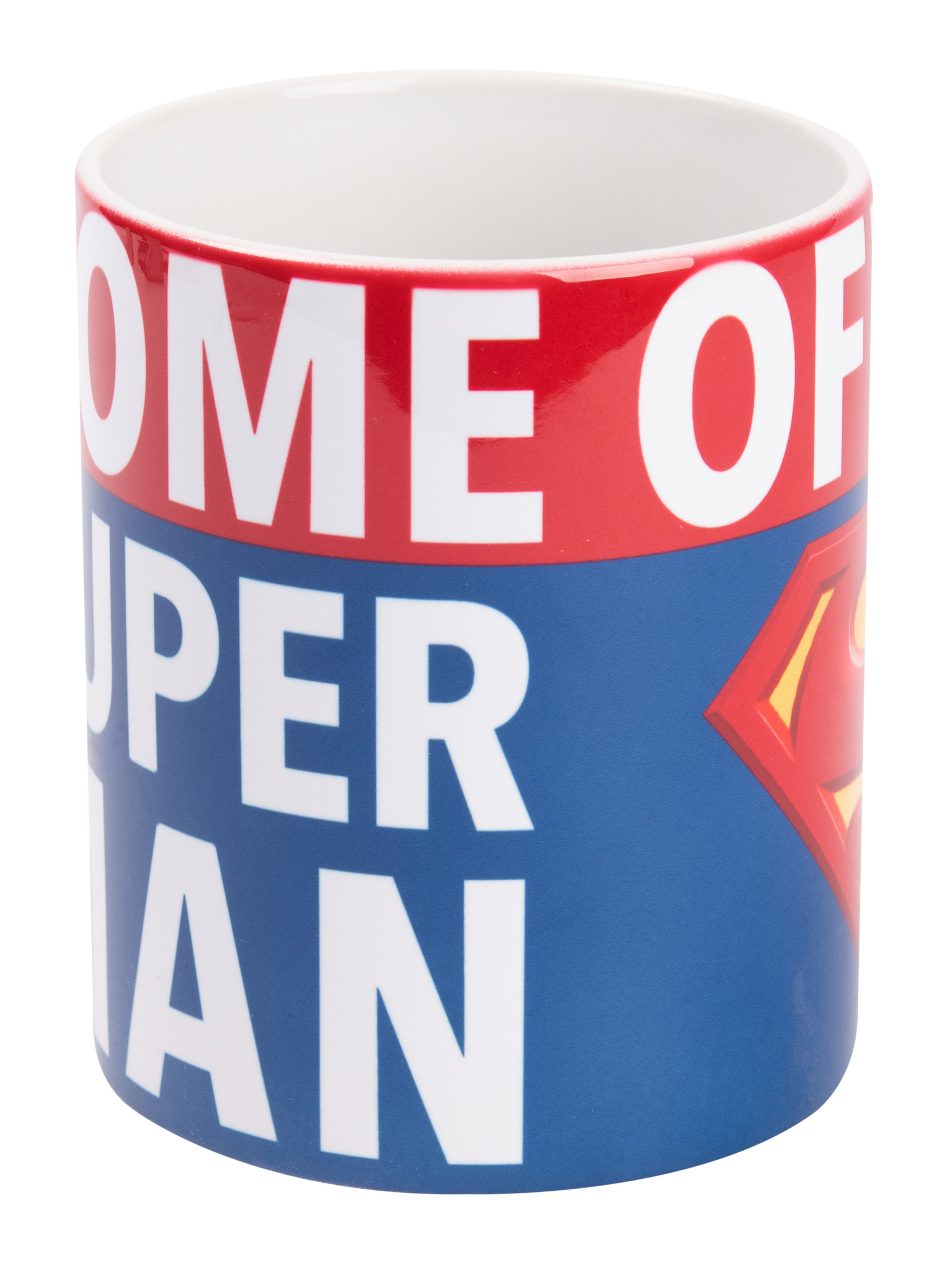 Eine Superman-Tasse mit der Aufschrift "HOME OF SUPERMAN" auf der Vorderseite, mit dem Superman-Logo.