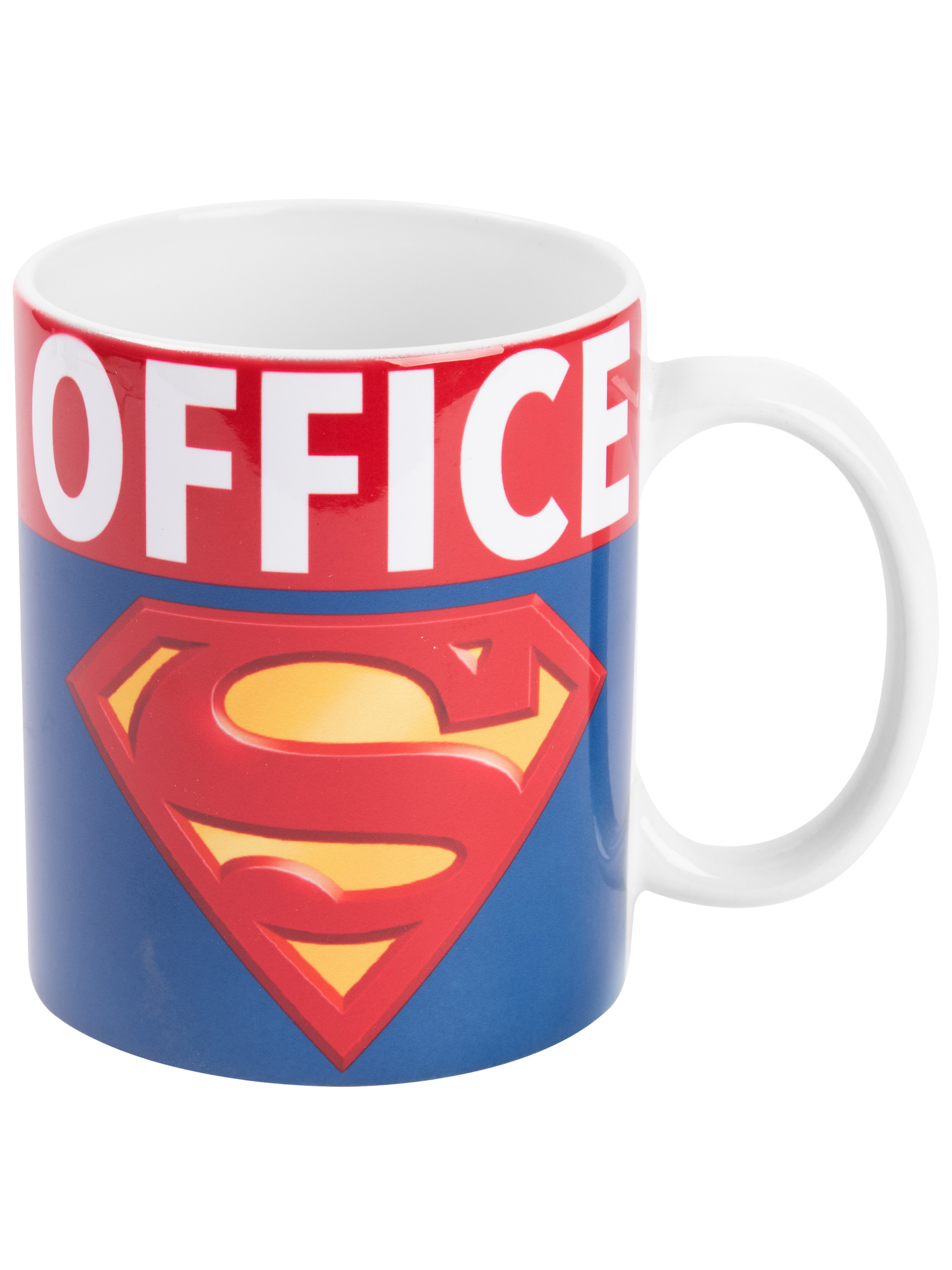 Superman Büro-Tasse mit dem Superman-Logo auf blauem Hintergrund. Weißer Griff.