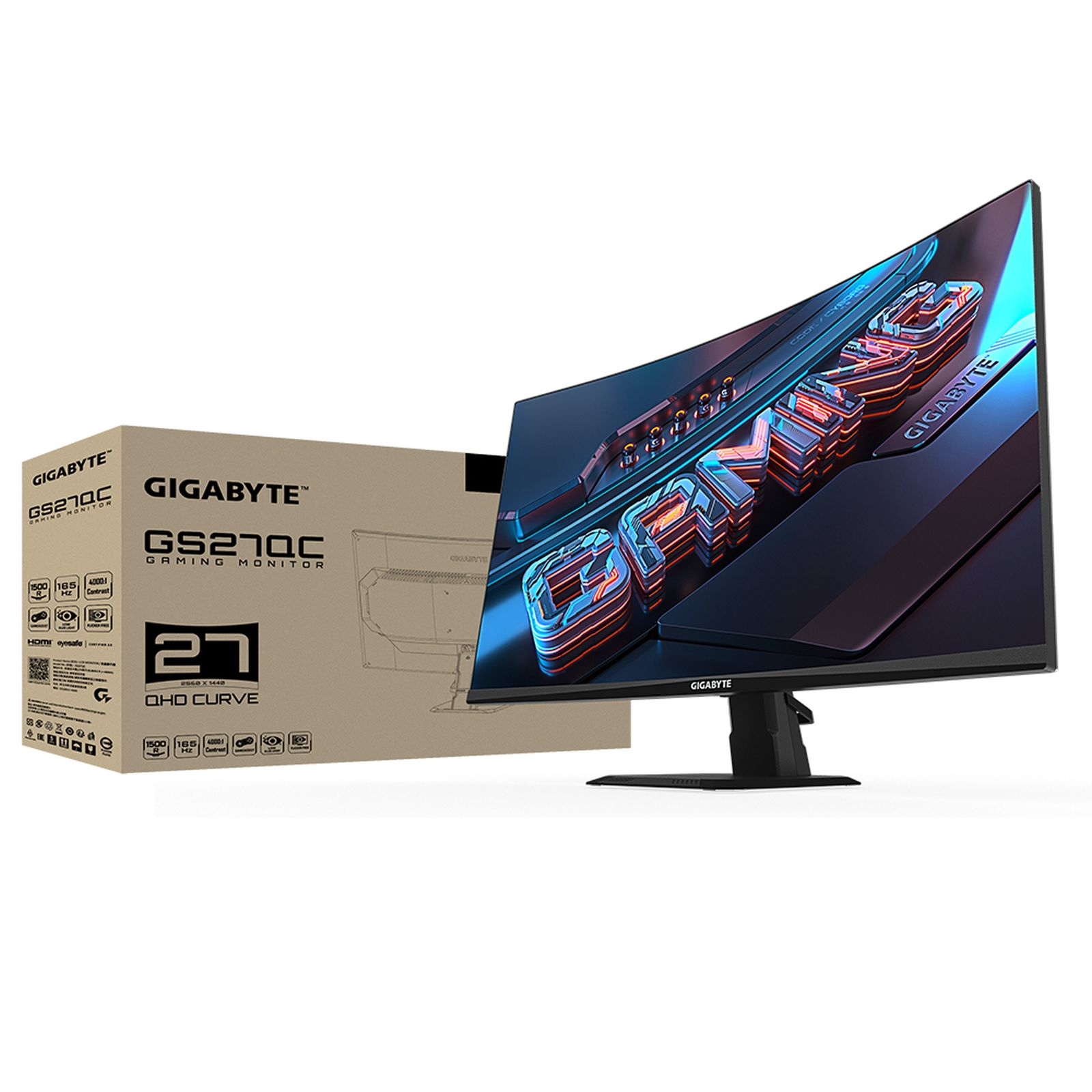 Un monitor curvo para juegos con una caja al lado. La pantalla muestra un gráfico de juego. Fondo blanco.