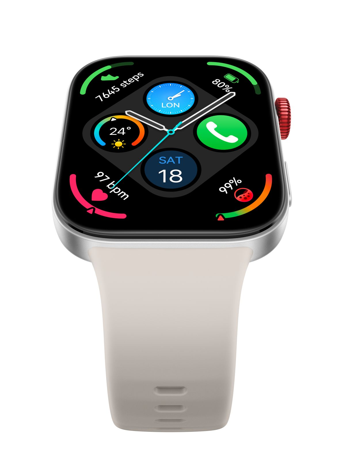 Smartwatch z różnymi wskaźnikami wyświetlania, beżowy pasek, na białym tle.